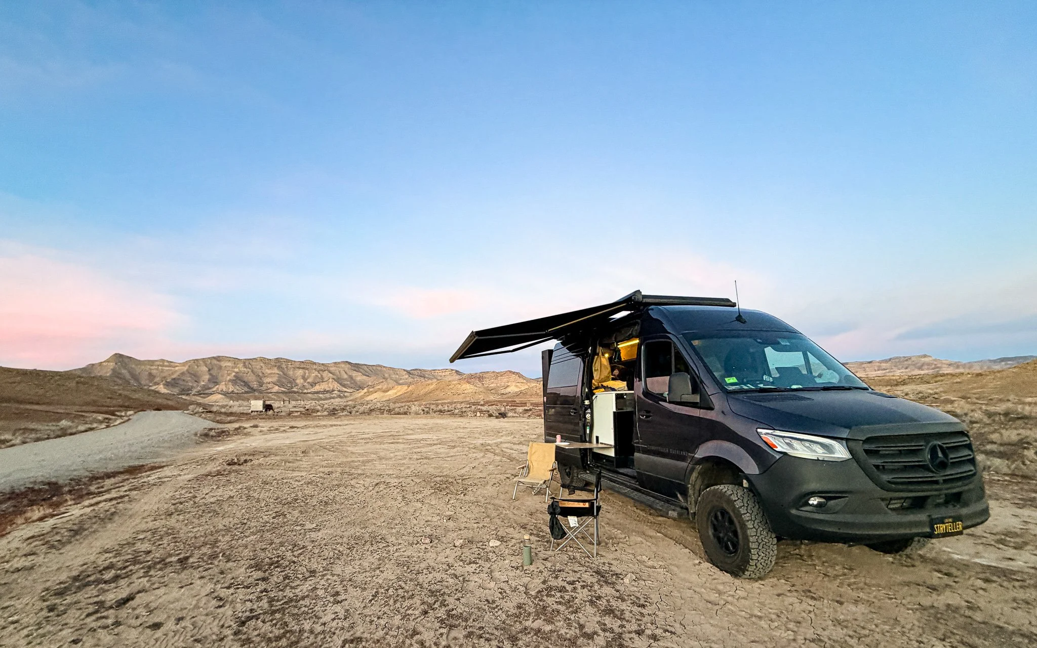 Van camping at a dispersed BLM site near 18 Road in Fruita Colorado at sunset