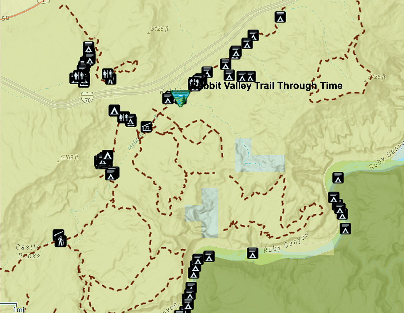 Topographic map of Rabbit Valley near Fruita, Colorado, with marked trails, campsites, and dinosaur tracksite areas along I-70 and Ruby Canyon.