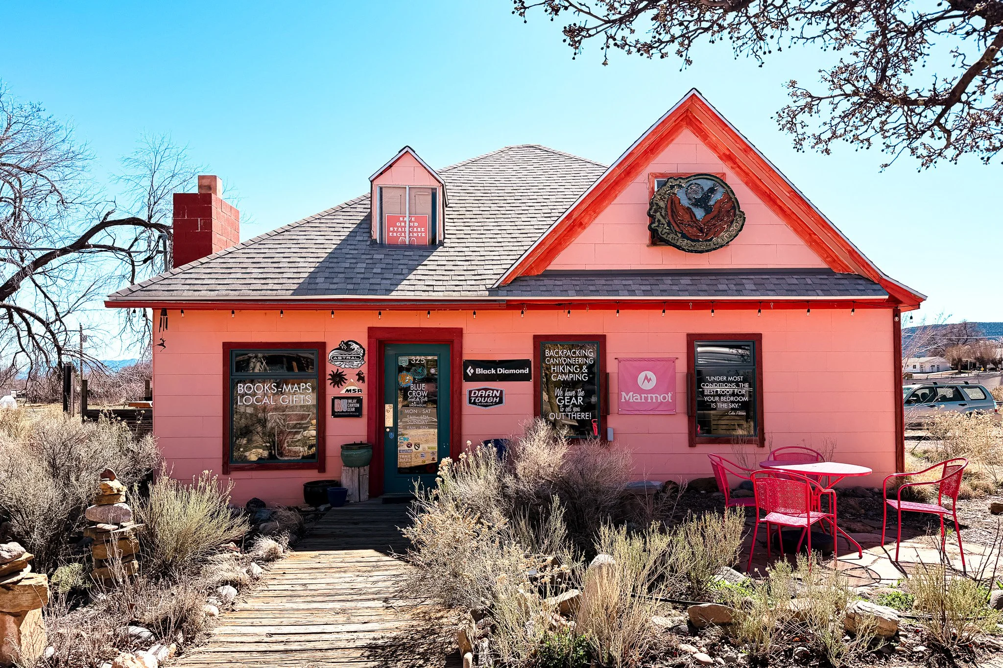 Blue Crow Gear and Coffee outdoor gear shop and café in Escalante Utah along Scenic Byway 12