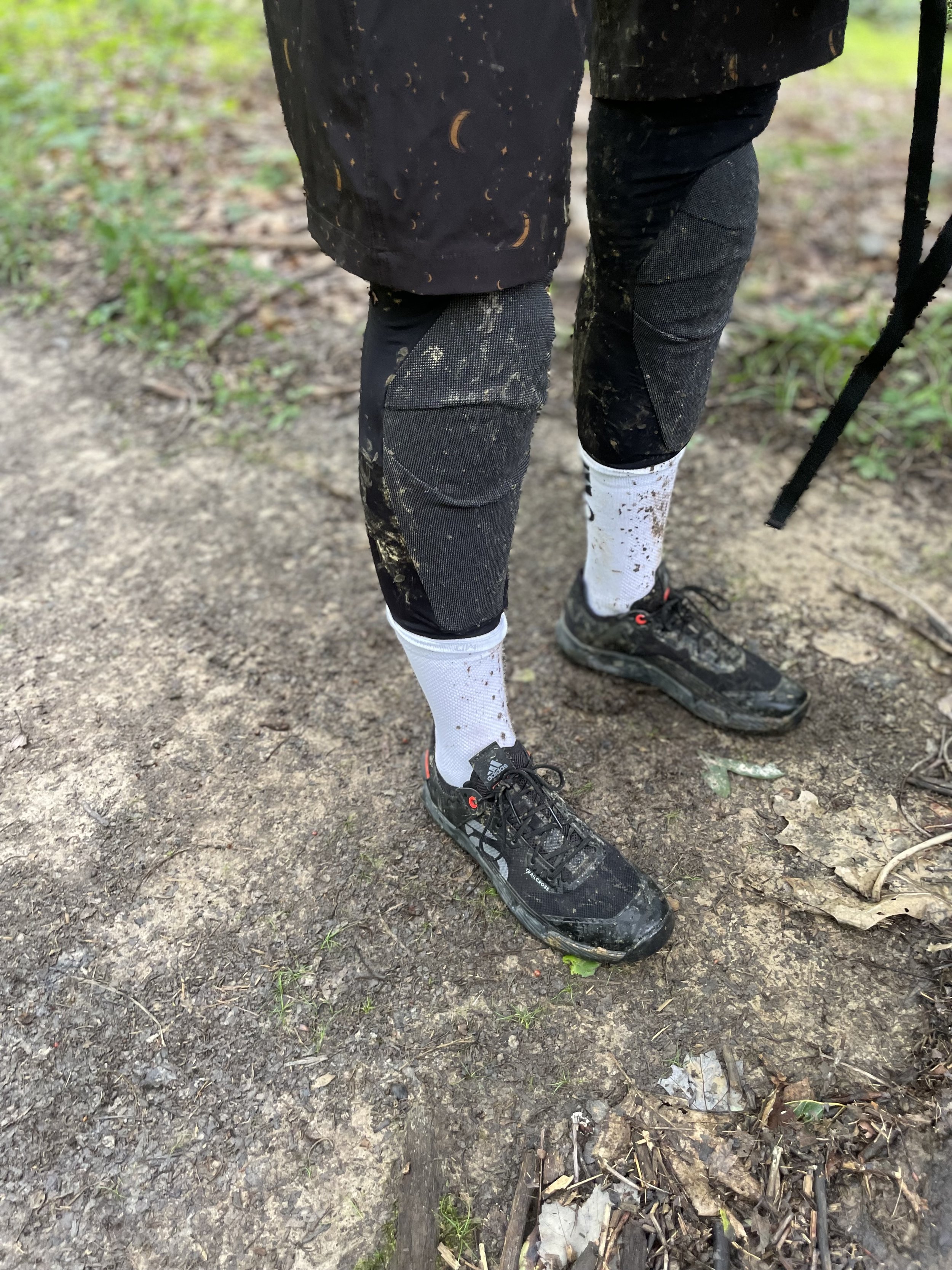 Kelly wearing Rapha knee pads with mud splatter after a mountain biking session at Brown County State Park, Indiana.