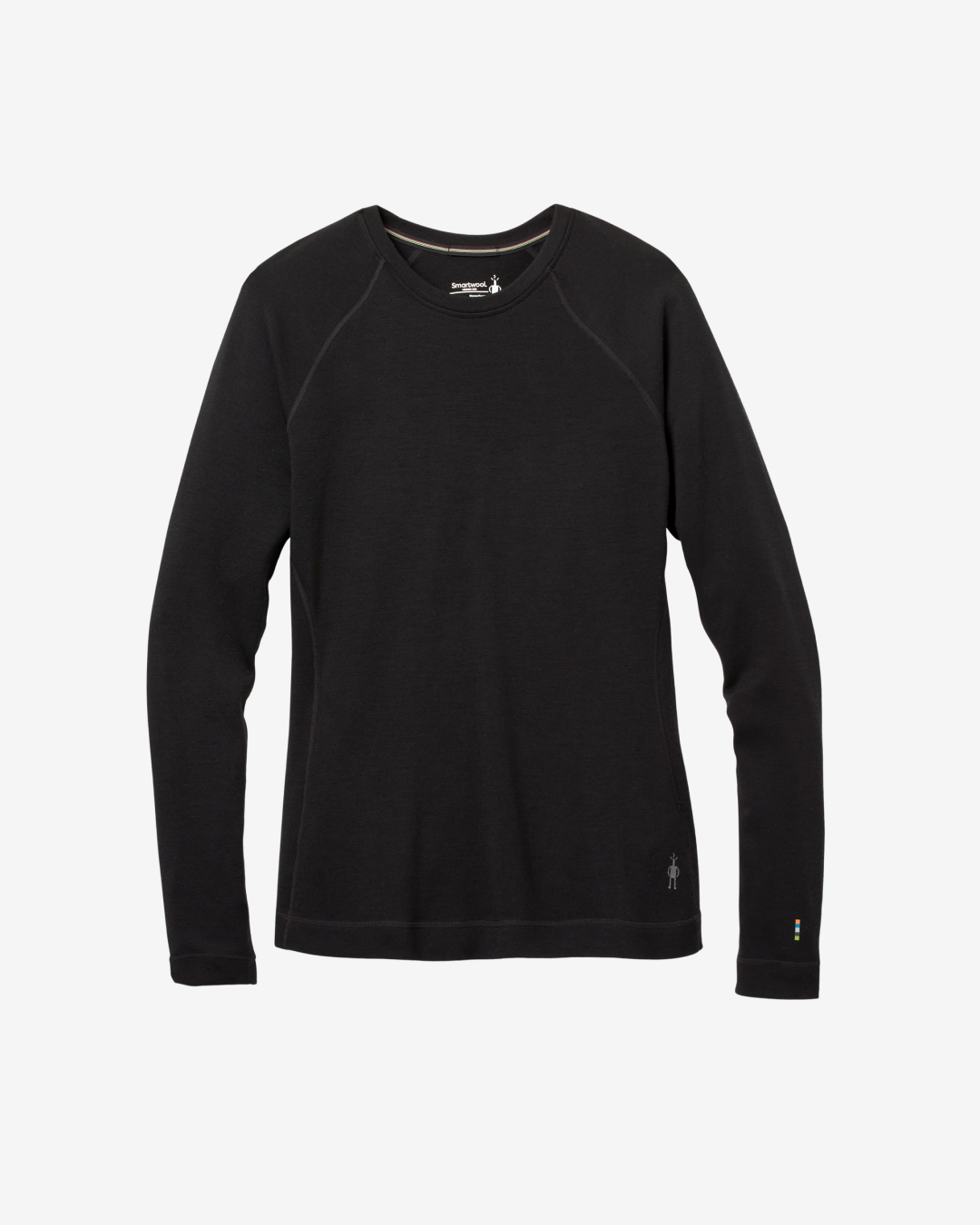 Black Smartwool Classic Thermal Merino long-sleeve crew base layer top, flat lay on a white background.