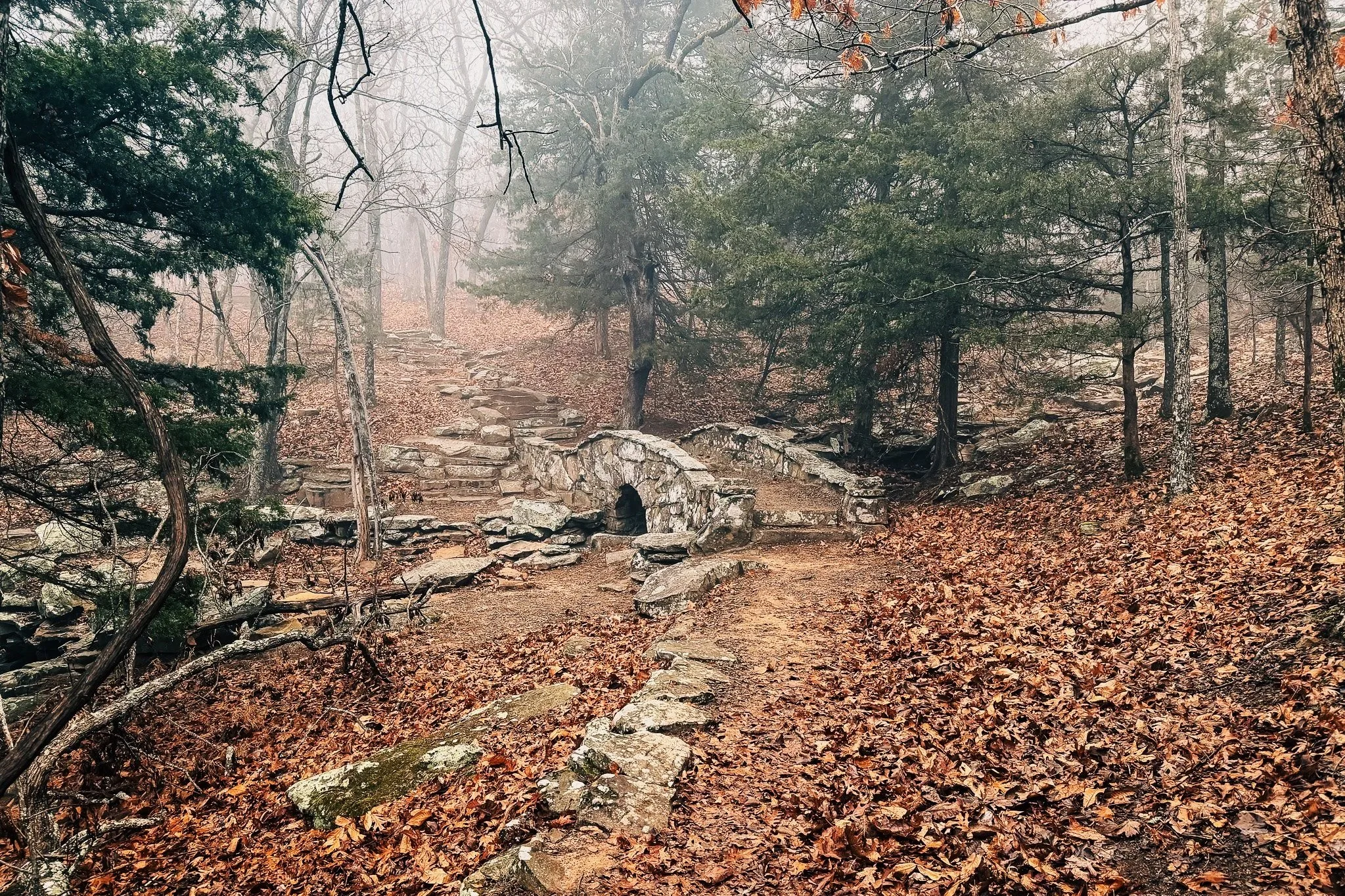 CCC stone bridge and steps on the Rim Trail at Mount Nebo State Park