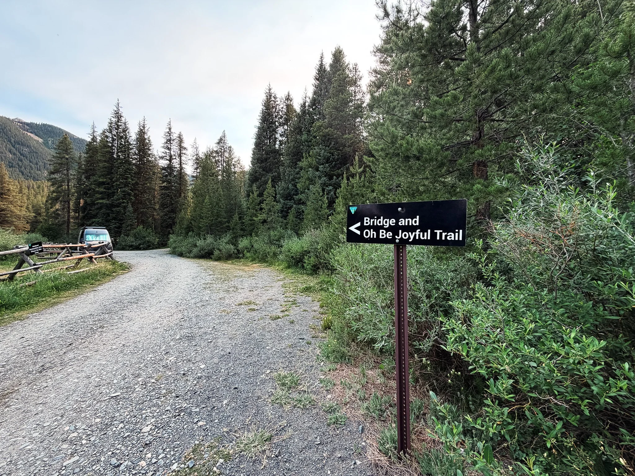 Oh Be Joyful Trail sign near the trailhead at Oh Be Joyful Campground in Crested Butte, Colorado.