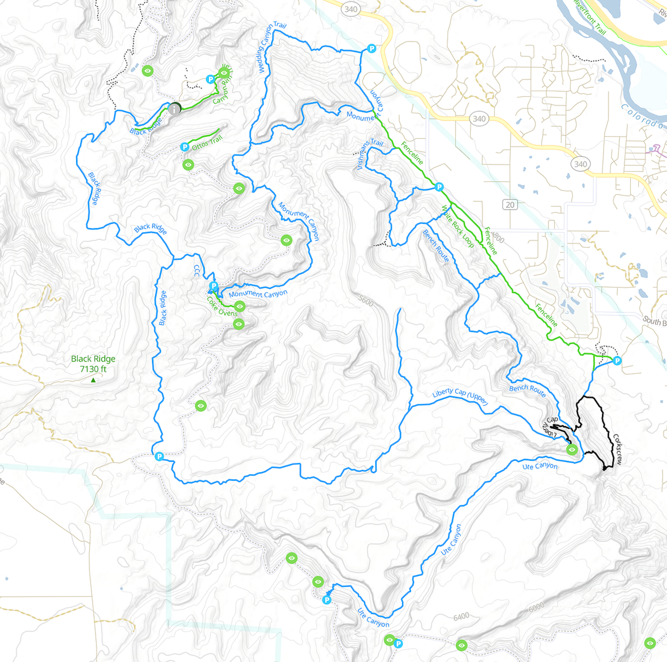 Trailforks map showing hiking trails and routes at Colorado National Monument