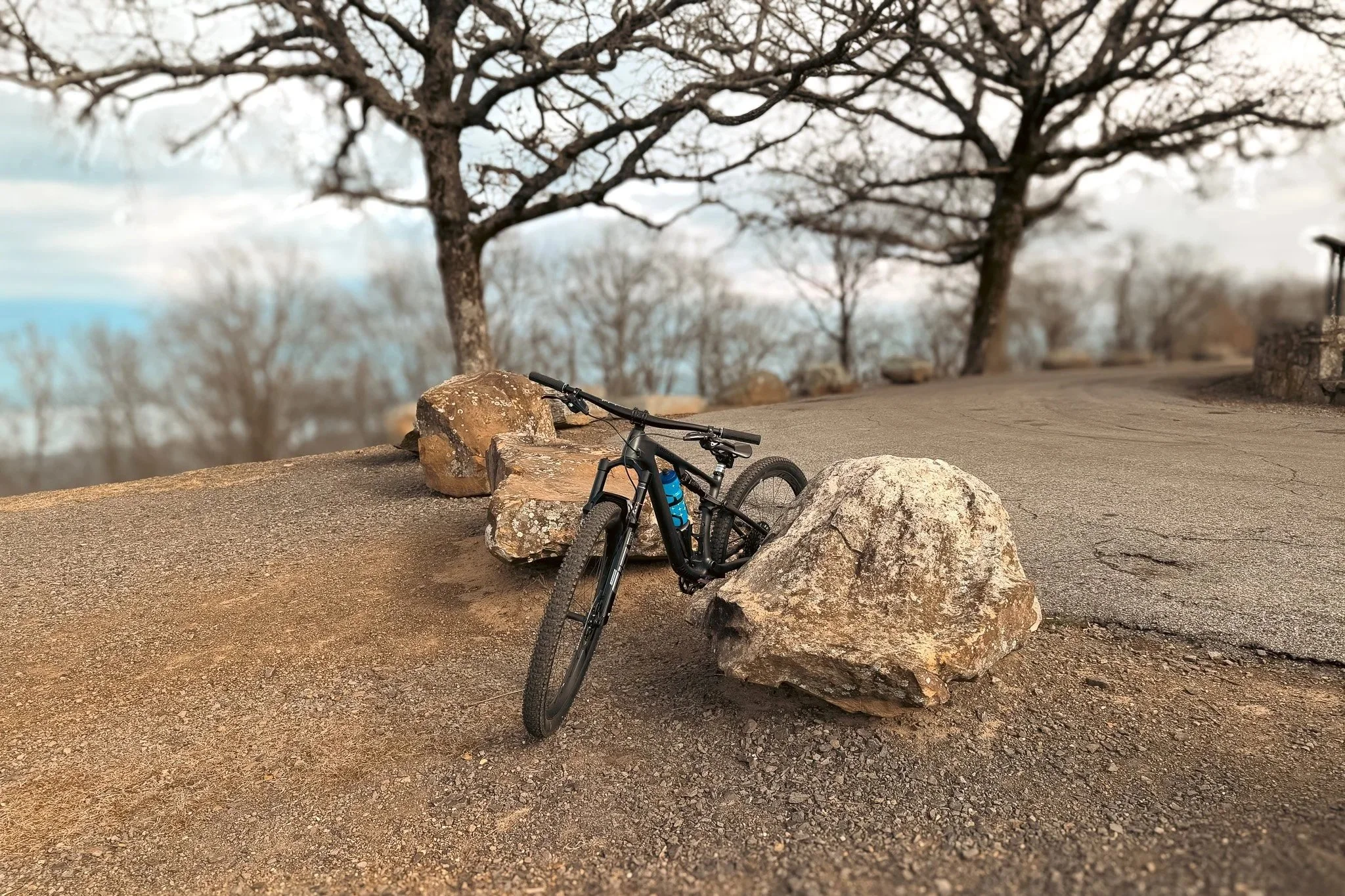 Mountain bike at Sunrise Viewpoint in Mount Nebo State Park overlooking the Arkansas River Valley