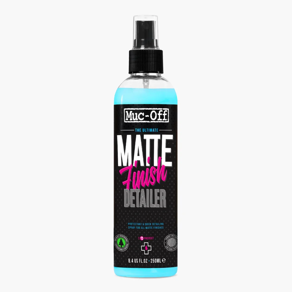 Bottle of Muc-Off Matte Finish Detailer spray for matte bike frames.
