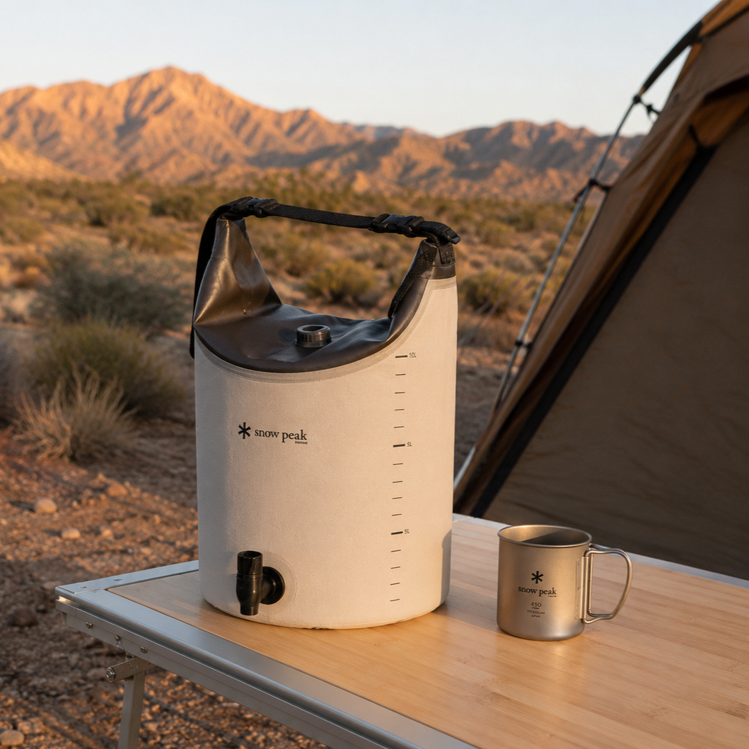 Snow Peak Soft Water Jug on a bamboo camping table at a desert campsite.