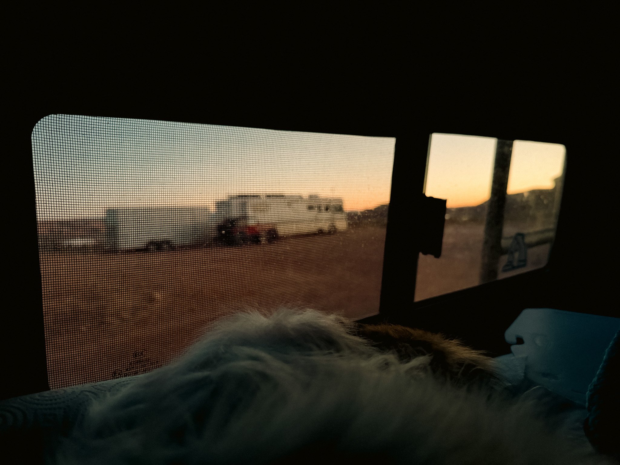 Sunset over a BLM campsite near Navajo Rocks in Moab, Utah, viewed through the screen window of my camper van.