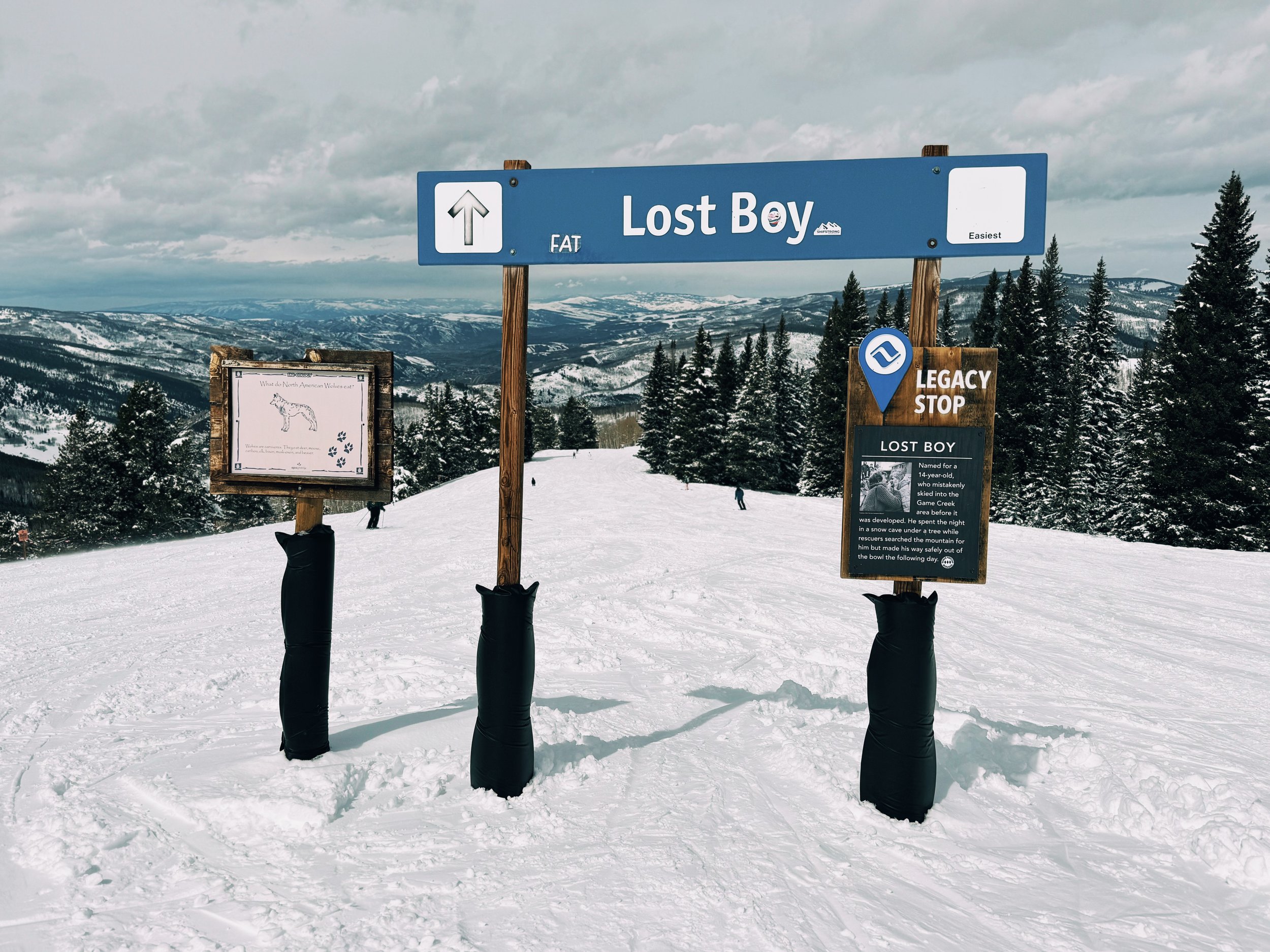 Lost Boy Trail Legacy sign detailing the trail’s history, located at the starting point of the run down the mountain.
