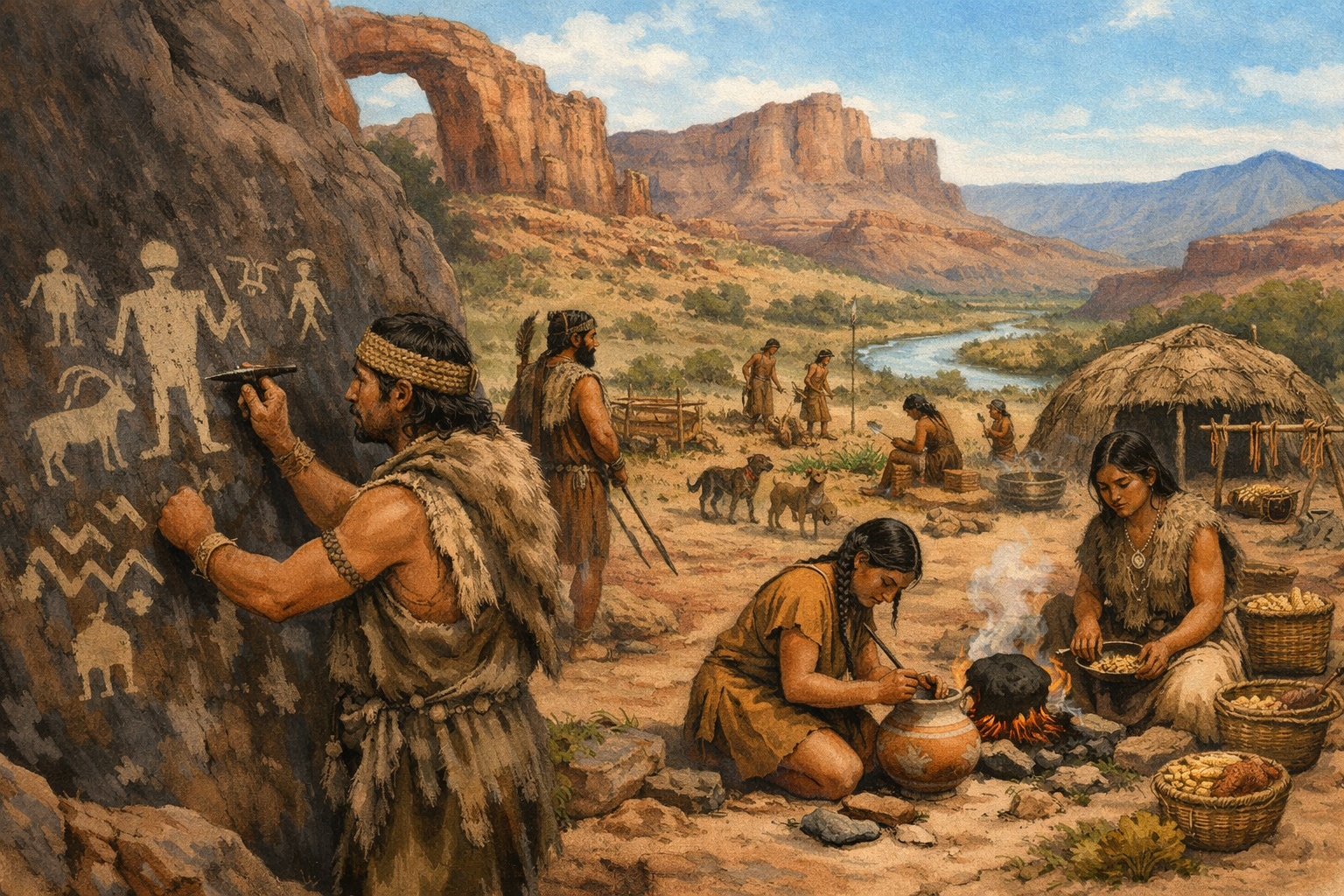 Illustration of Fremont people carving petroglyph figures into a sandstone wall beside a river, with a desert camp scene including pottery, woven baskets, and sandstone cliffs in the background.