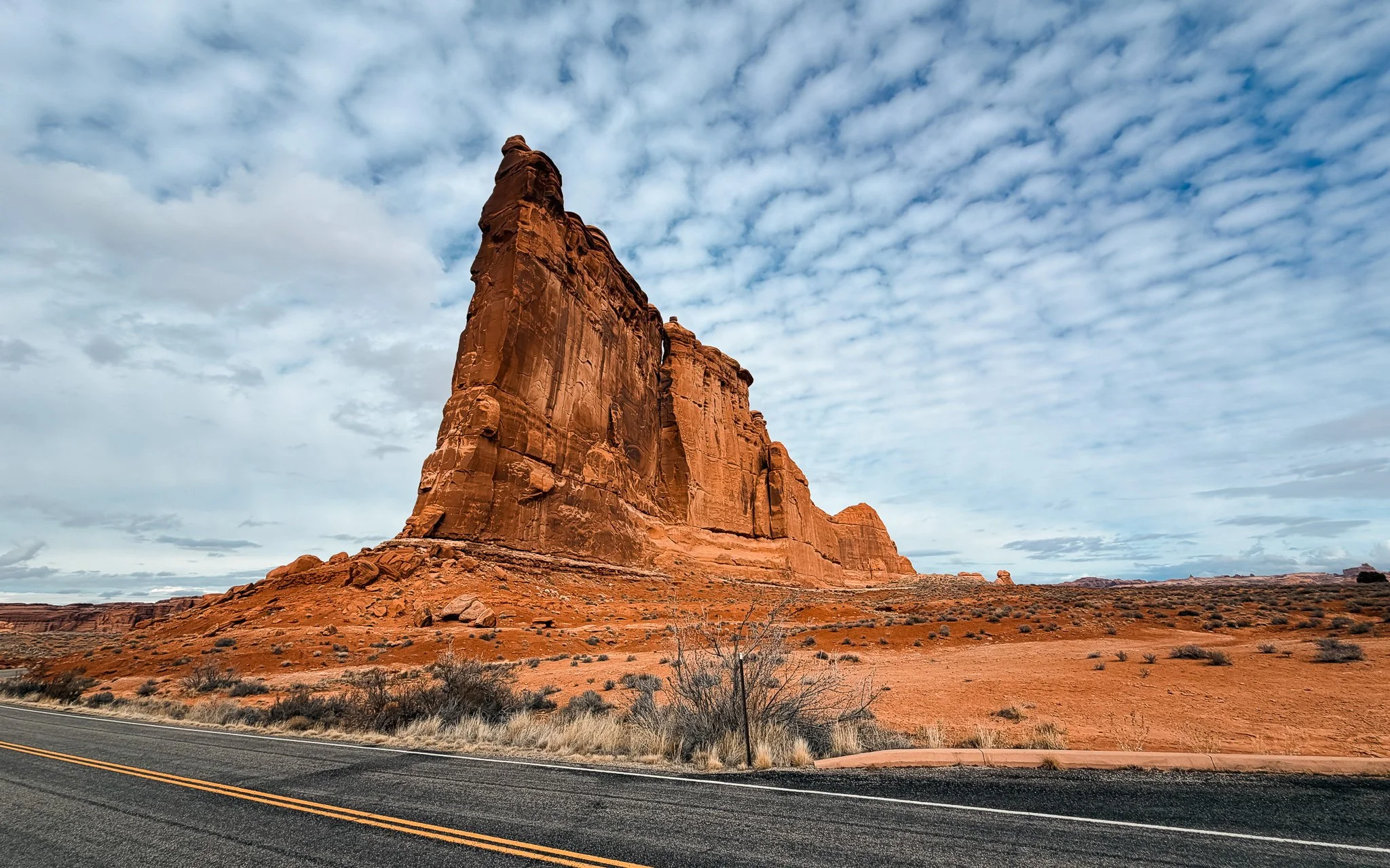 The Organ sandstone rock tower in Arches National Park Utah near Park Avenue