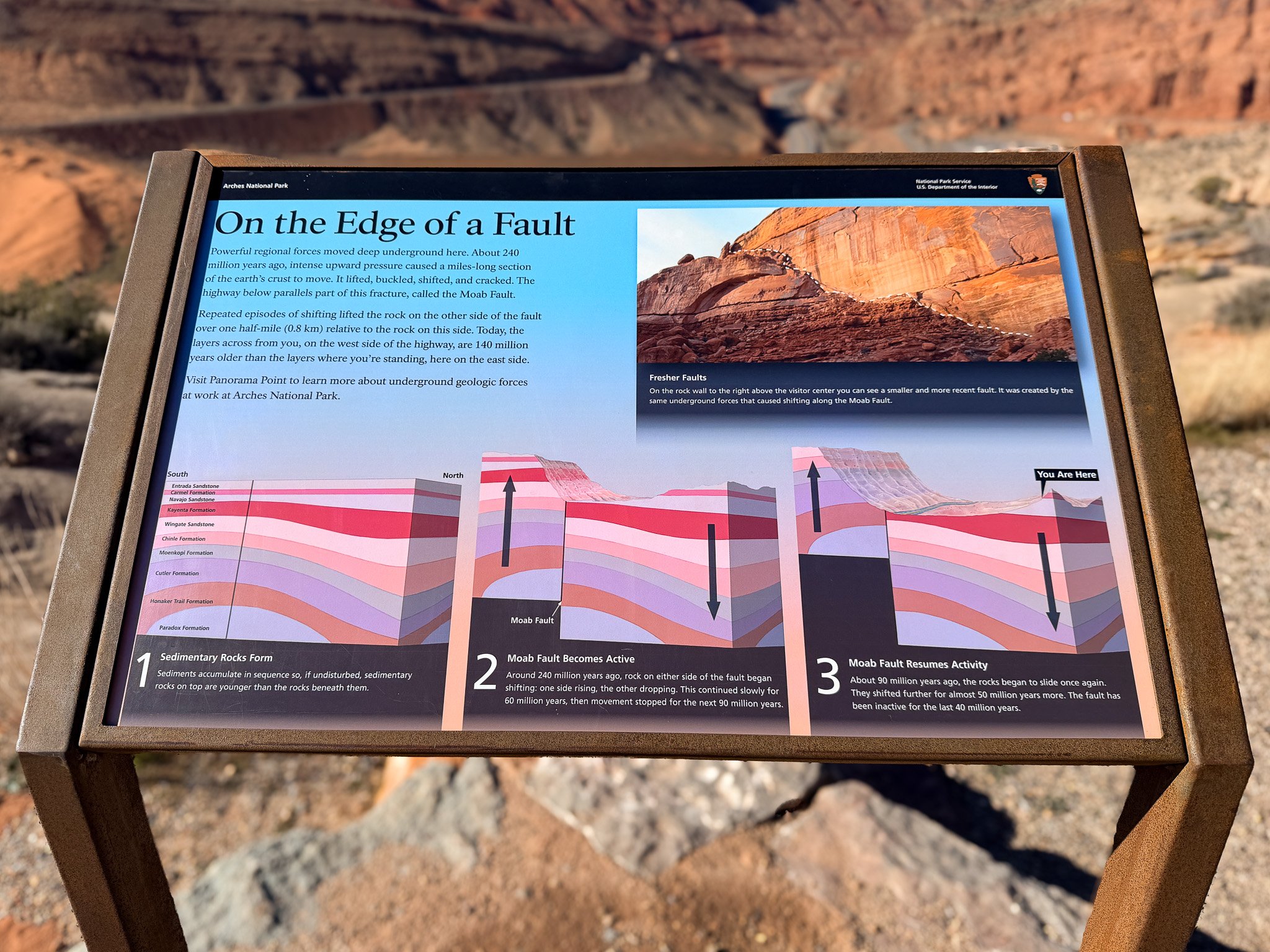 National Park Service interpretive sign describing the Moab Fault and vertical displacement of rock layers inside Arches National Park, Utah.