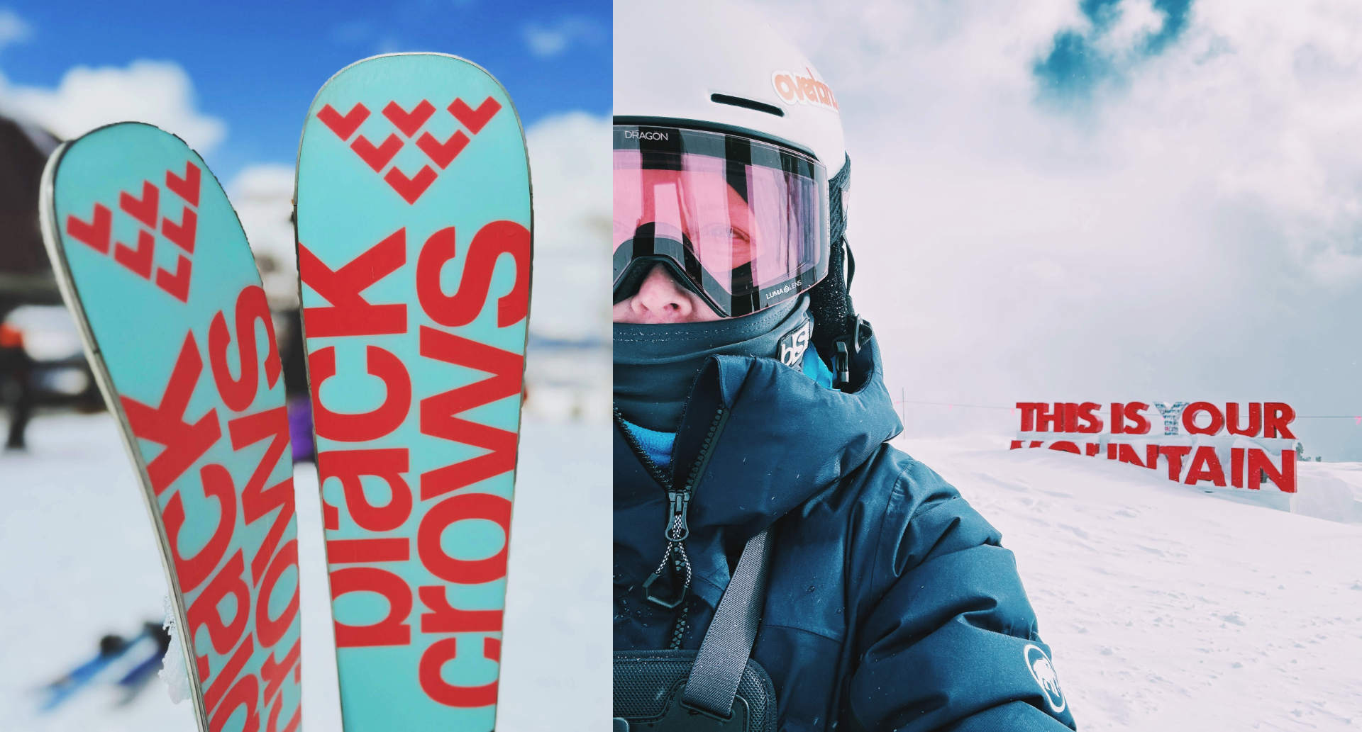 Black Crows Camox Birdie skis with turquoise and red graphics at a ski resort, alongside a skier wearing a Mammut Stoney HS jacket and Dragon goggles.
