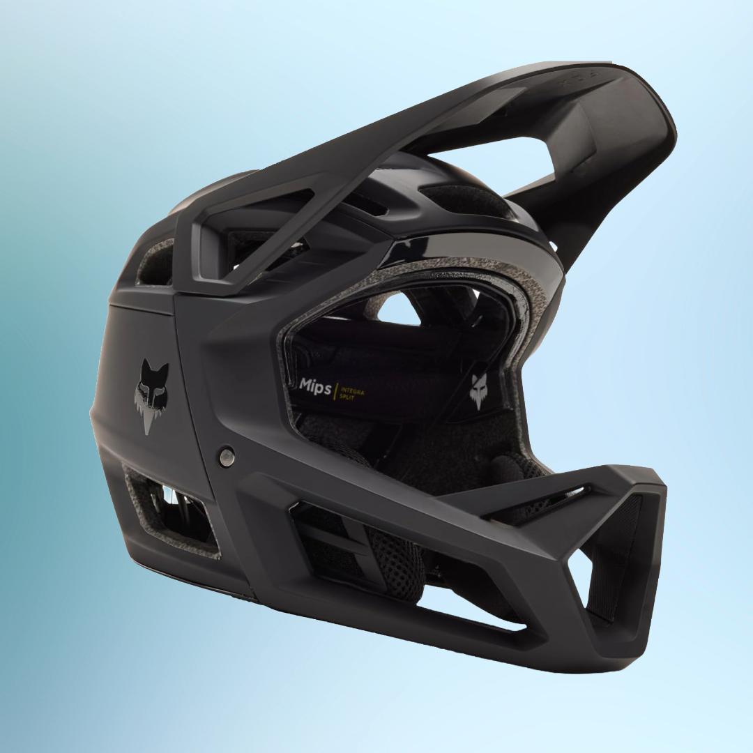 Side view of the Fox Rampage Pro Carbon full-face mountain bike helmet in matte black.