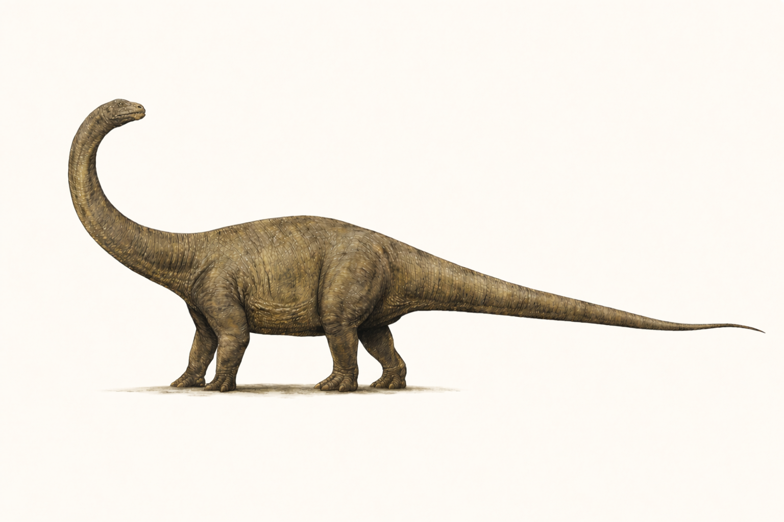 Detailed illustration of a long-necked sauropod dinosaur standing in profile on a light background, showing thick legs, long tail, and extended neck.
