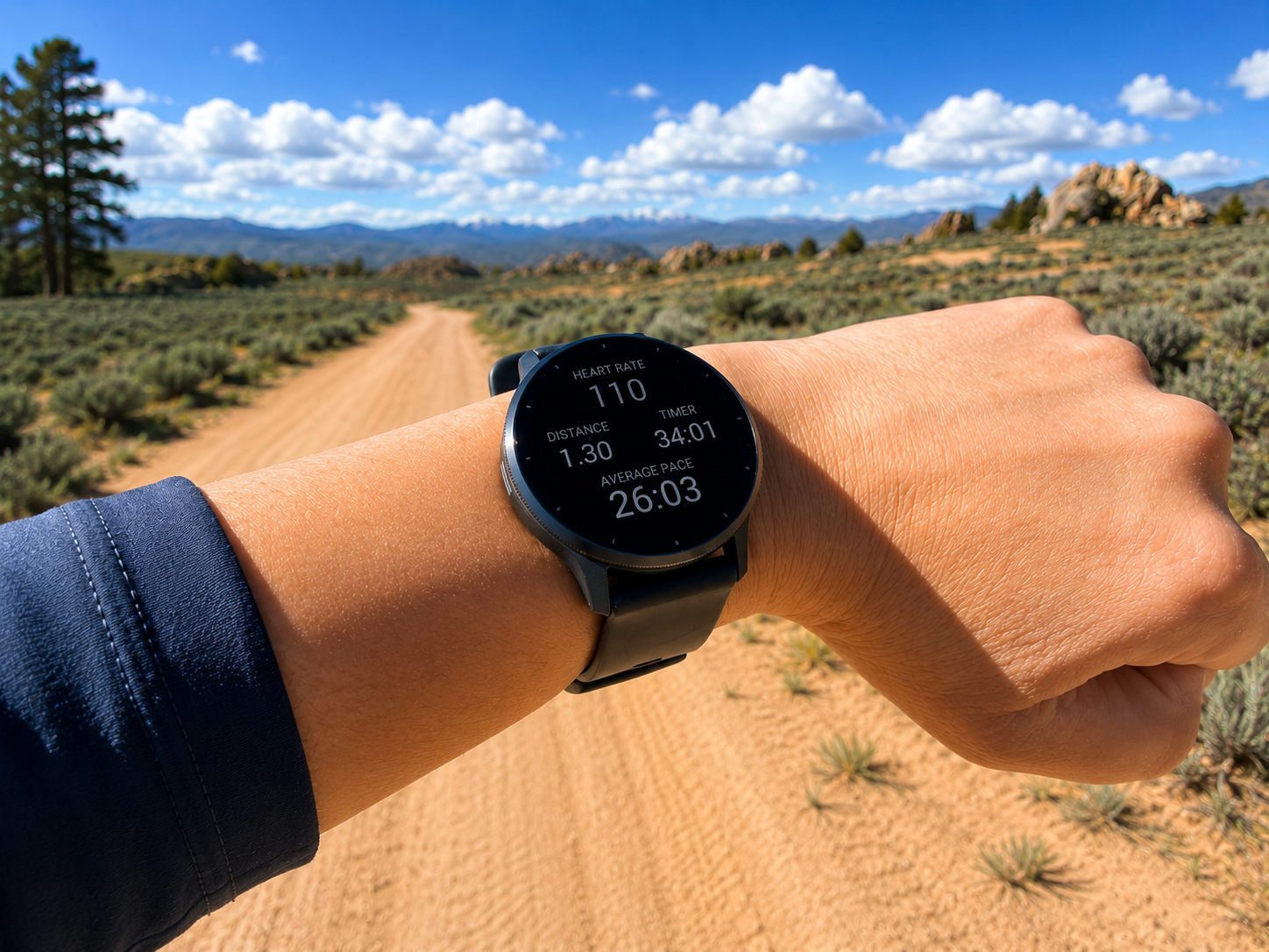 Garmin Venu 4 smartwatch on wrist showing hike stats in Hartman Rocks Colorado