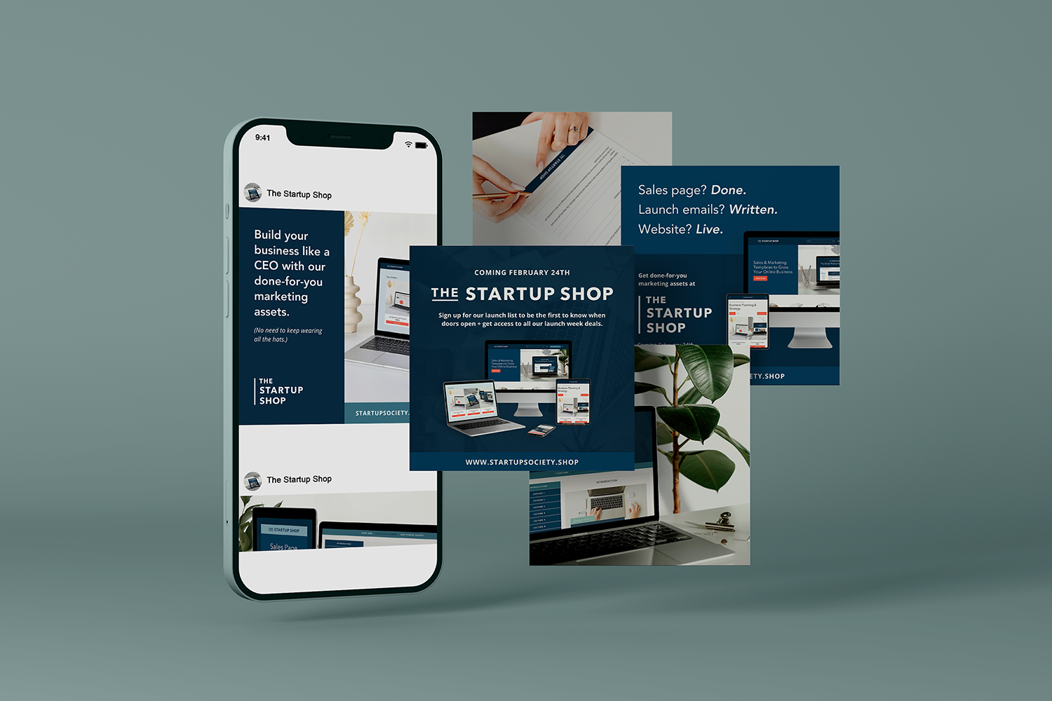 A series of promotional graphics for the launch of The Startup Shop displayed on a phone and series of slides projecting out from the device.
