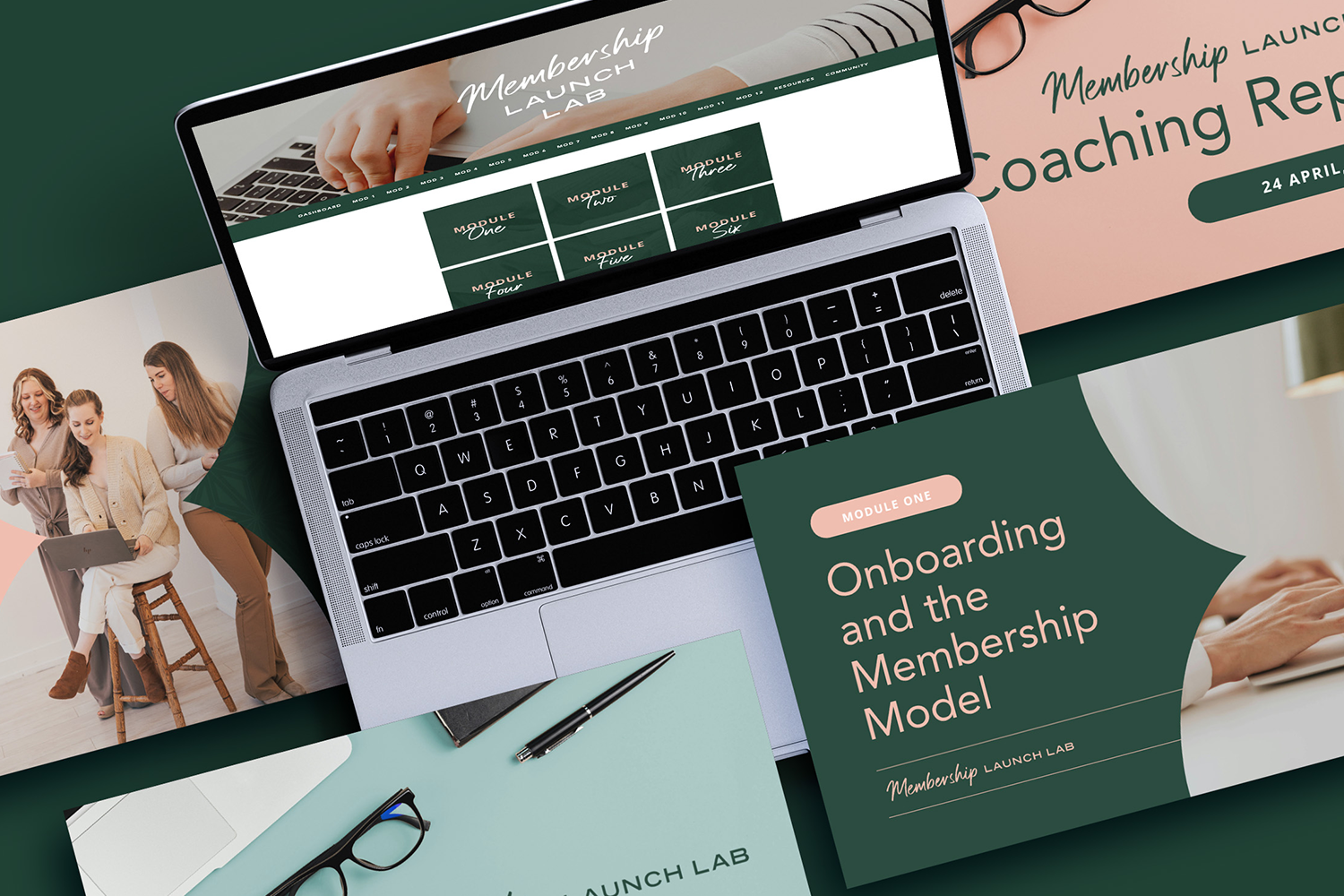 A mockup of a laptop and series of slides surrounding it from a top down view, showing the course dashboard of Membership Launch Lab, and some of the lesson title slides.