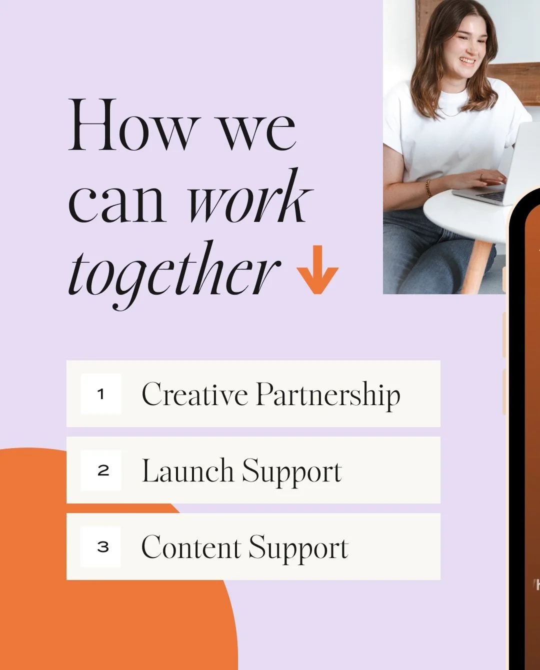 There are officially three ways we can work together ✨

Whether you need someone to take ongoing creative + implementation work off your plate, bring a launch together, or get more mileage out of the content you&rsquo;re already creating &mdash; ther