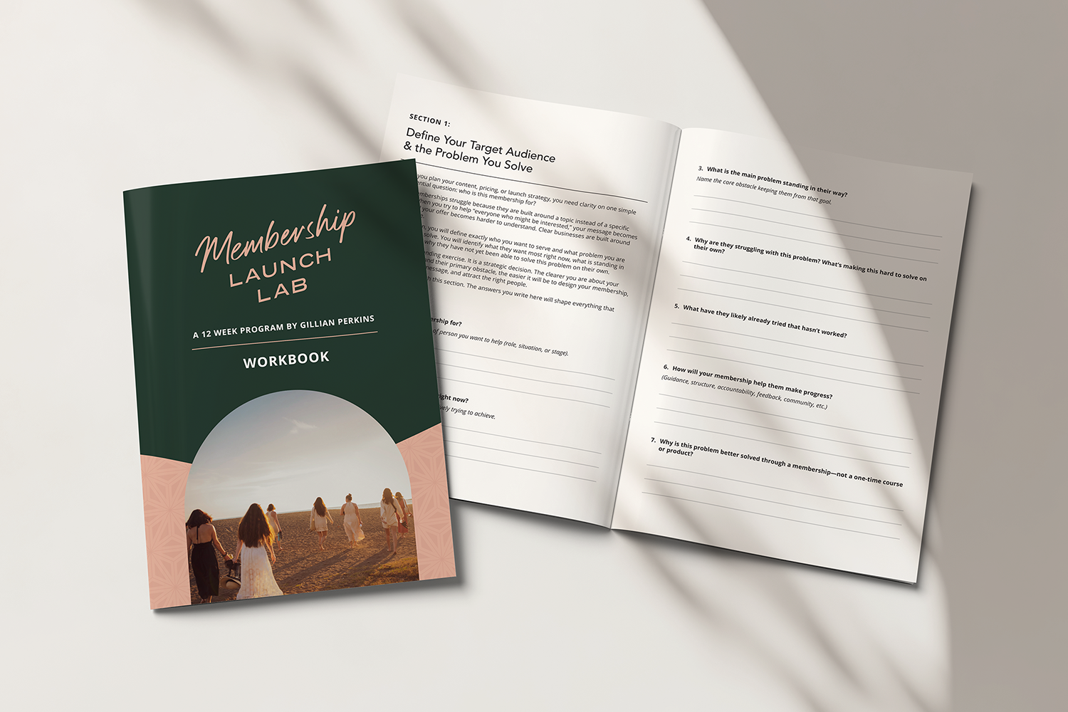 A mockup of the Membership Launch Lab workbook. One book is closed showing the cover, and it is placed slightly over the top of an open version showing the contents.