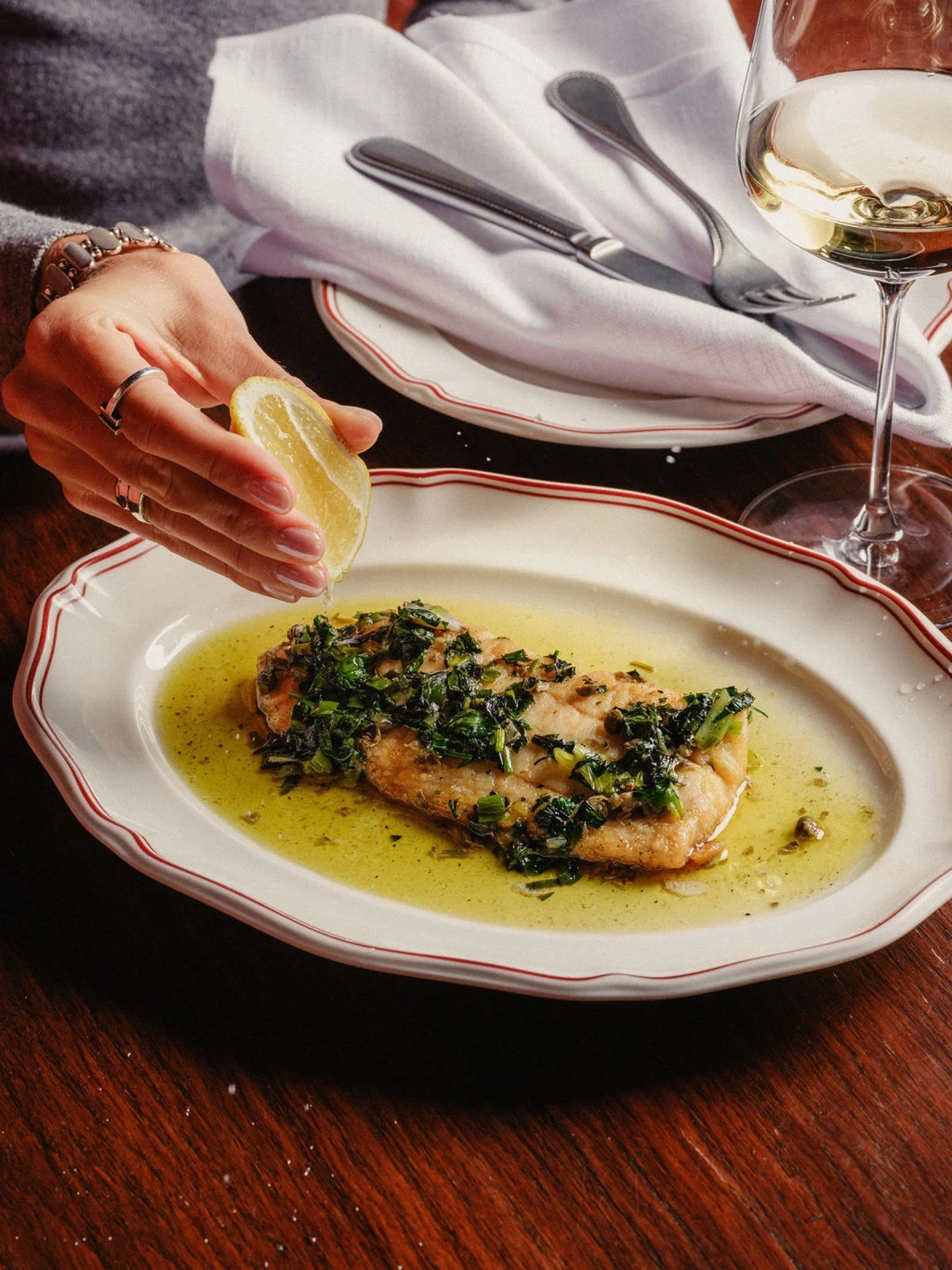 Not your usual snapper. Pink snapper piccata, charred salsa verde.