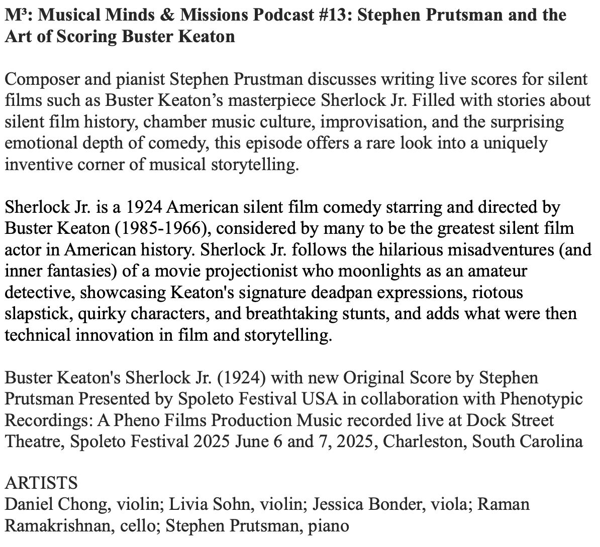 Description of Episode #13: Stephen Prutsman: Re-orchestration of Buster Keaton’s Sherlock Jr. 