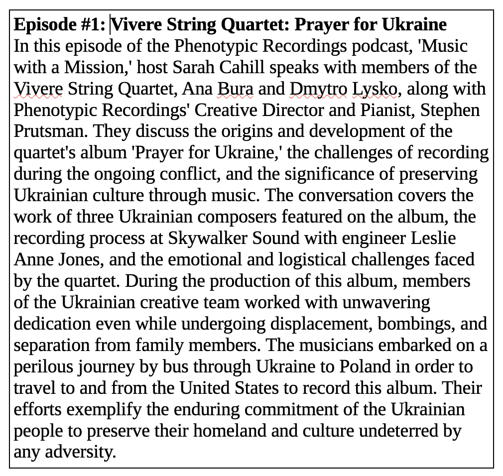 Description of Episode #1: VIVERE STRING QUARTET 