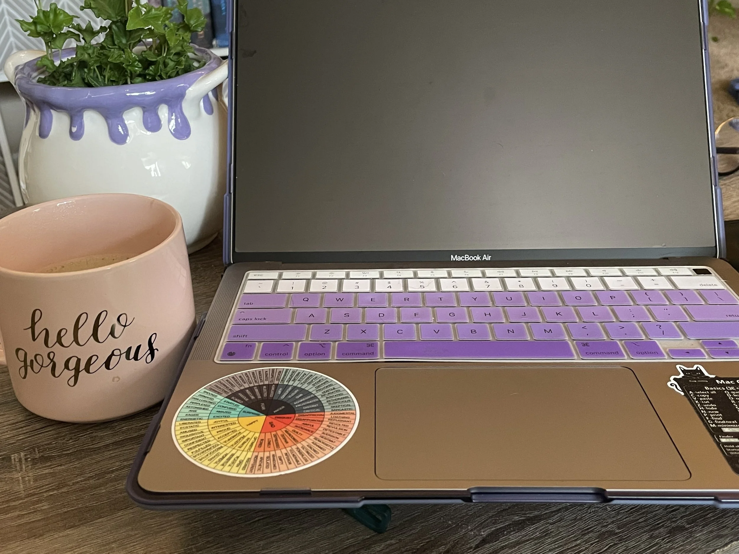 A laptop with a purple and white keyboard, a plant in a purple drip-glazed ceramic pot, a pink mug with the words 'hello gorgeous' written on it, and a color wheel chart, all placed on a wooden surface.