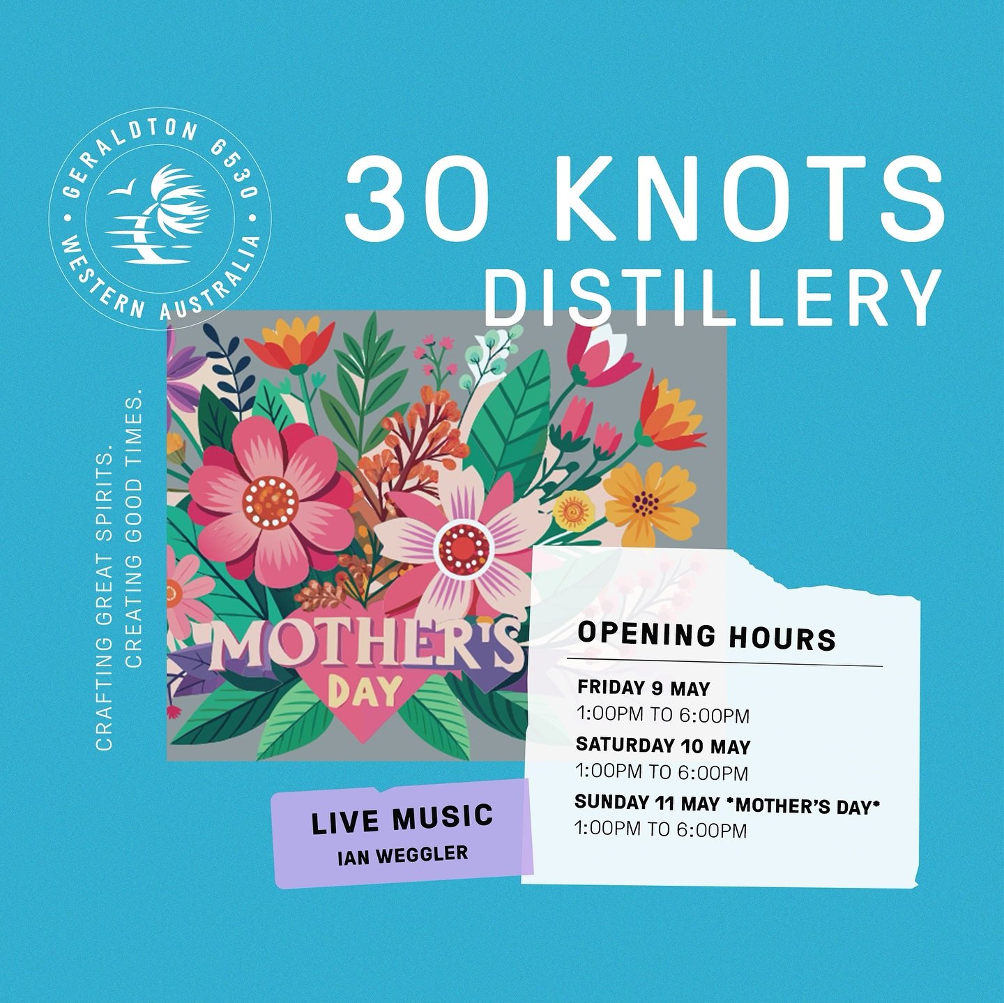 THIS WEEK AT THE DISTILLERY
Distillery Bar Open Hours:
* Friday: 1:00pm - 6:00pm
* Saturday: 1:00pm - 6:00pm
* Sunday: 1:00pm - 6:00pm *Mother’s Day*
* Live Music from 3:00pm: Ian Weggler
Please email us at hello@30knotsspirits.com or s