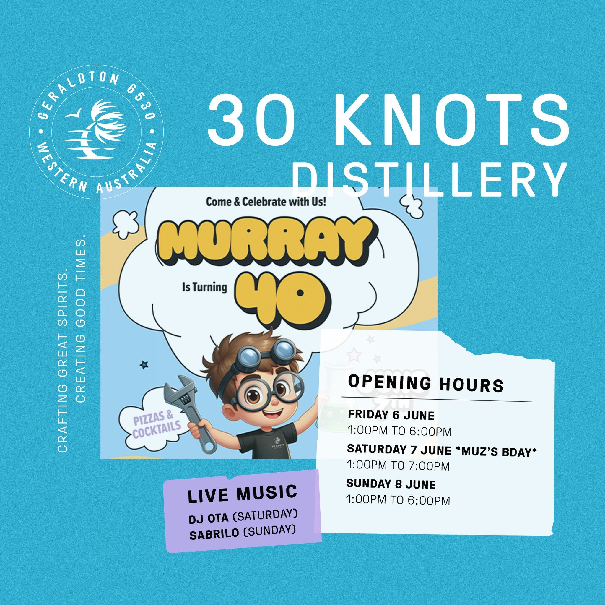 π THIS WEEK AT THE DISTILLERY π
We’re throwing a party this weekend – Muz is turning 40, and you’re invited!
Expect awesome tunes, our yummy pizzas, and delicious 30 Knots cocktails.
Distillery Bar Hours:
Friday – 1:00pm