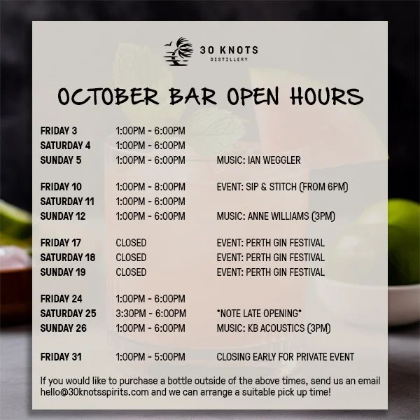 β¨ October at 30 Knots β¨
Here’s when you can find us at the bar and what events we’ve got lined up this month. πΉ
If you’d like to pick up a bottle outside these hours, drop us a message and we’ll sort out a suitable time.