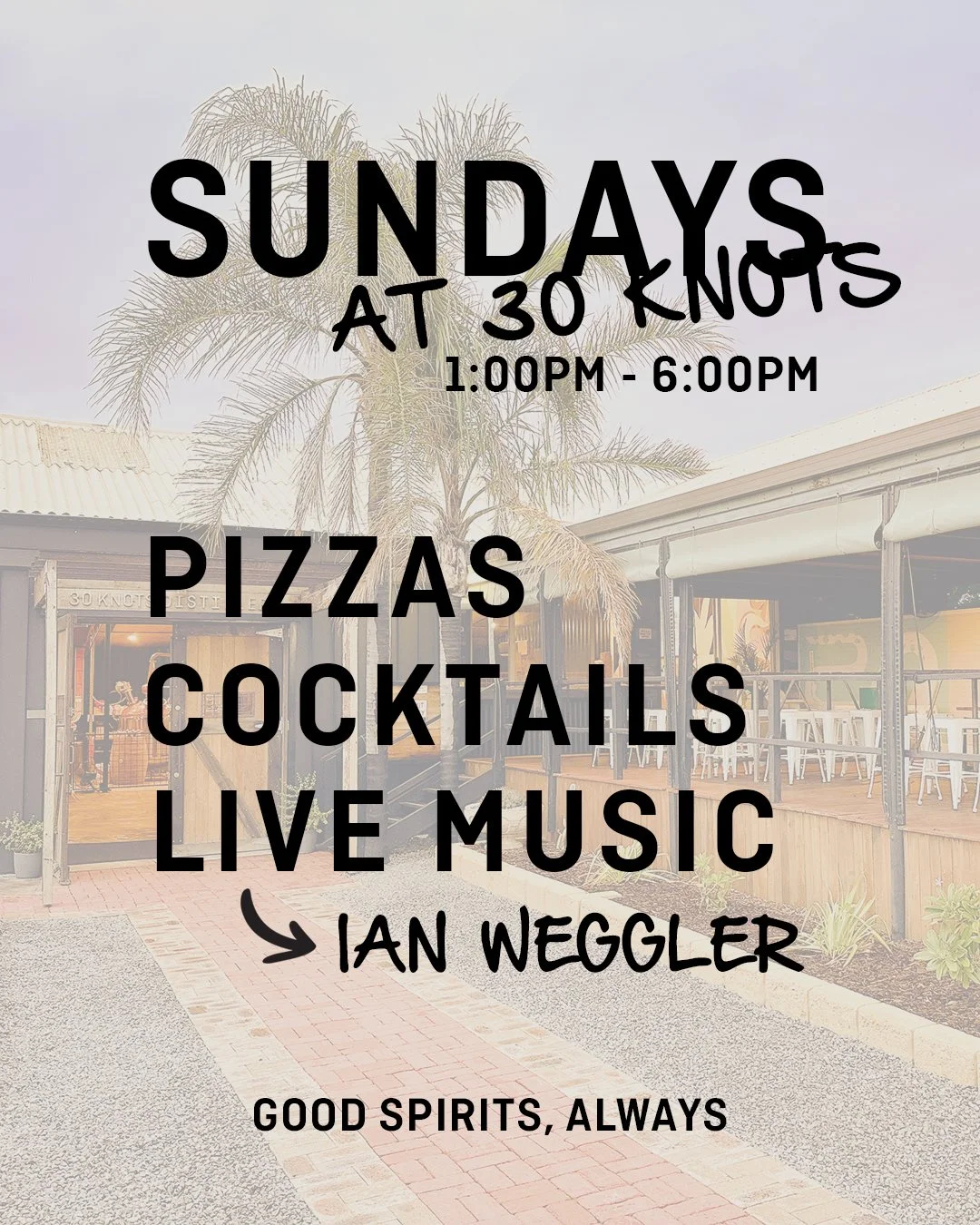 Sundays at 30 Knots πΈ
Yummy pizzas π, delicious share plate options (all GF), refreshing cocktails, live music πΆ and good vibes.
The perfect way to spend your Sunday afternoon - come solo or bring some friends and enjoy the tunes from Ian Weggl
