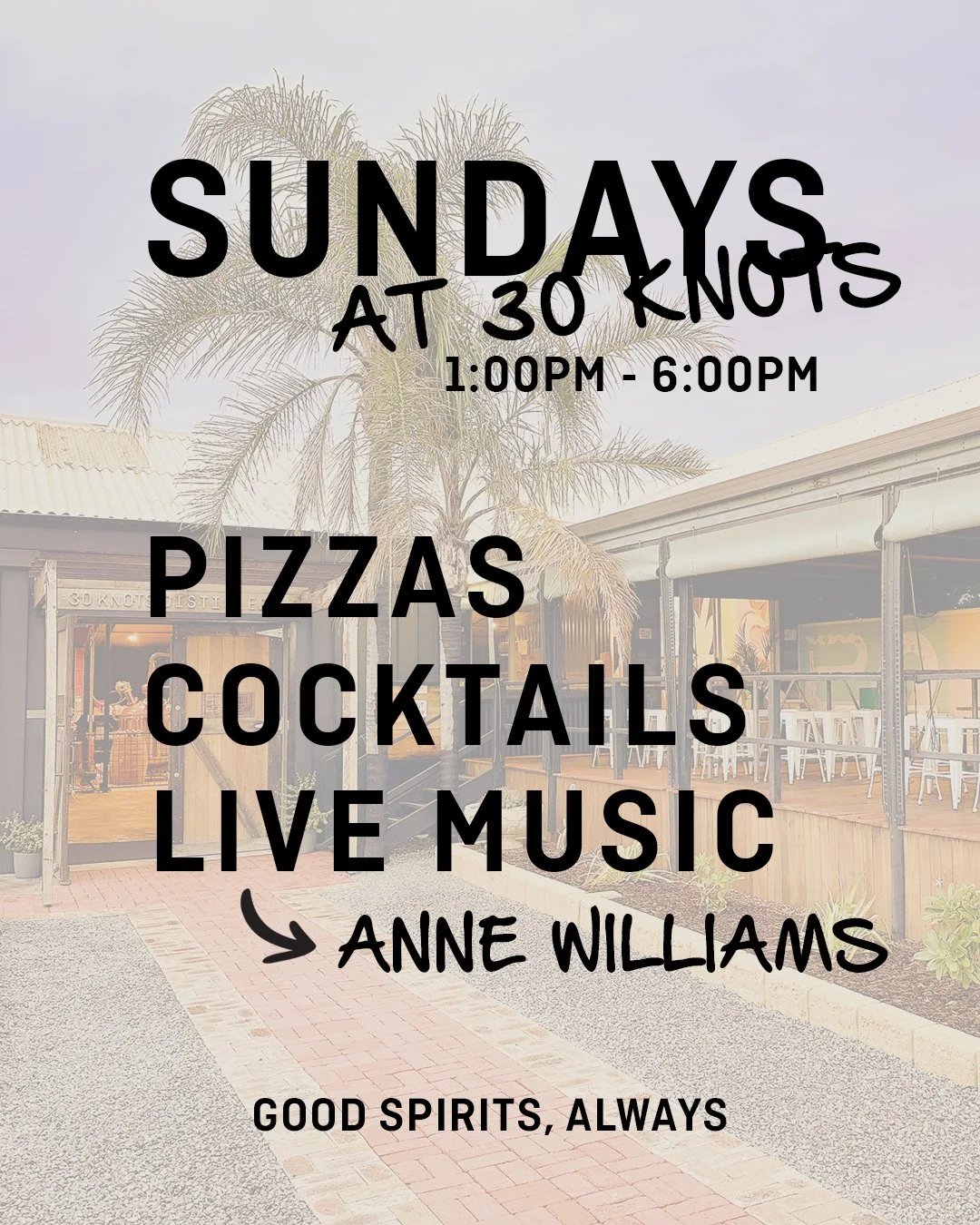 Sundays at 30 Knots πΈ
Yummy pizzas π, delicious share plates (all GF), refreshing cocktails, live music πΆ and chilled Sunday vibes.
The perfect way to spend your Sunday afternoon — come solo or bring your mates and enjoy tunes from Anne Wi