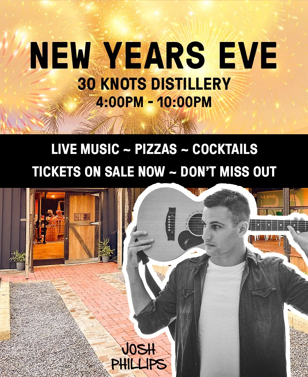 🎉 New Year&rsquo;s Eve at 30 Knots 🎉

Ring in 2026, 30 Knots style &mdash; with handcrafted spirits, good vibes, and great company. Expect delicious cocktails, live tunes from Josh Phillips, and that unbeatable 30 Knots atmosphere - nothing over th