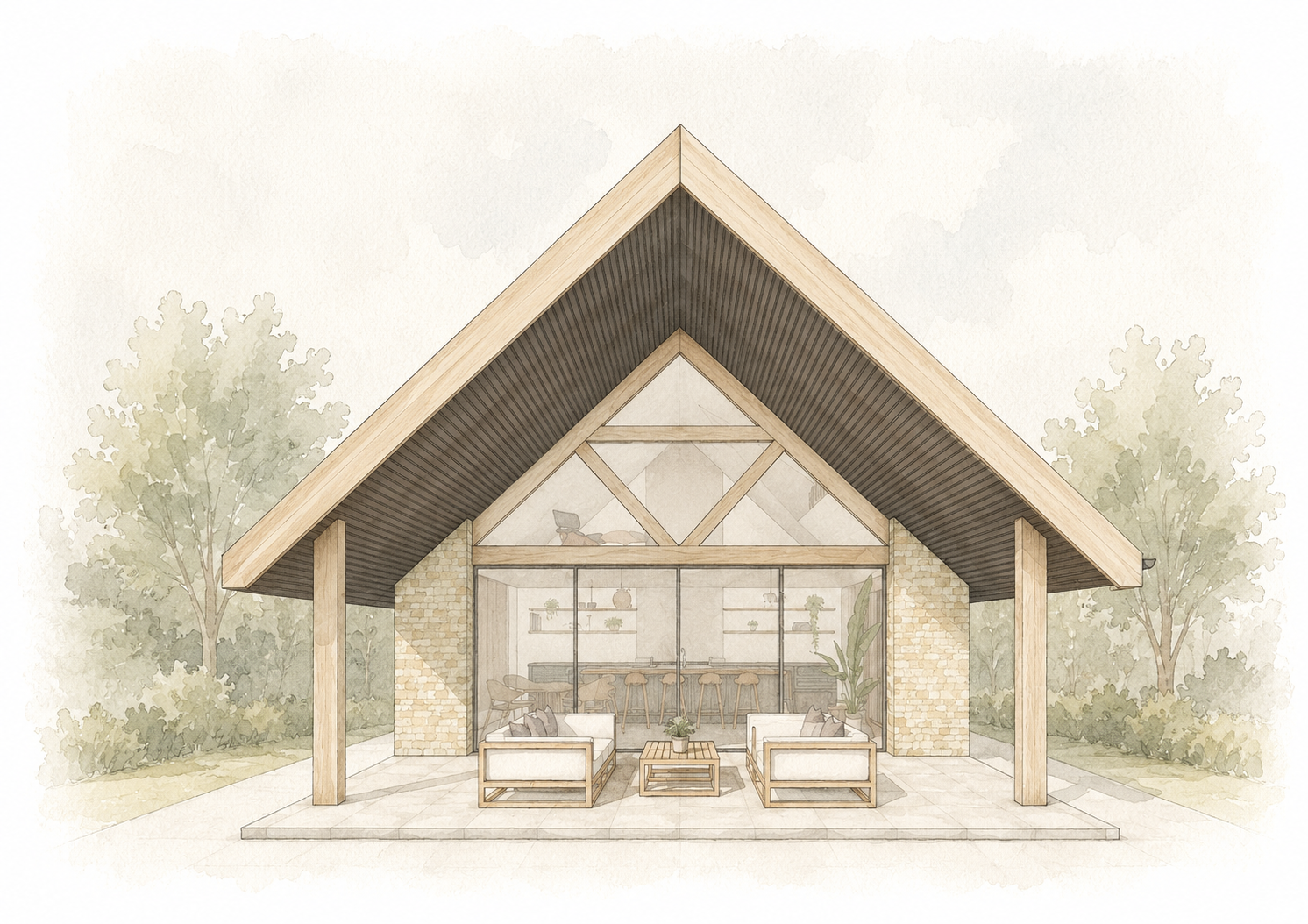 Contemporary Cotswold house extension with exposed oak frame and gable glazing