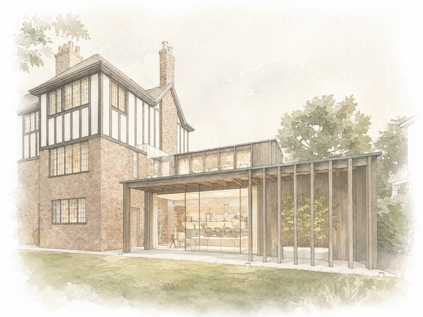 Contemporary pavilion extension to an Arts and Crafts house near Cheltenham