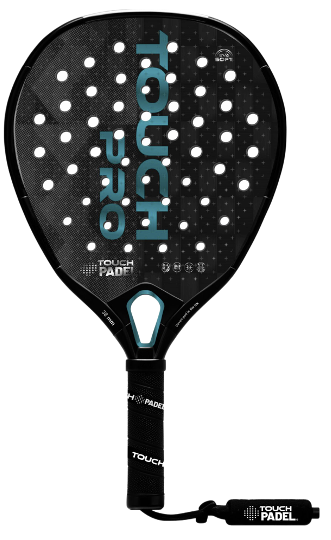 A black and blue Tech Pro Touch Padel racket with holes, featuring a wrist strap attached at the handle.