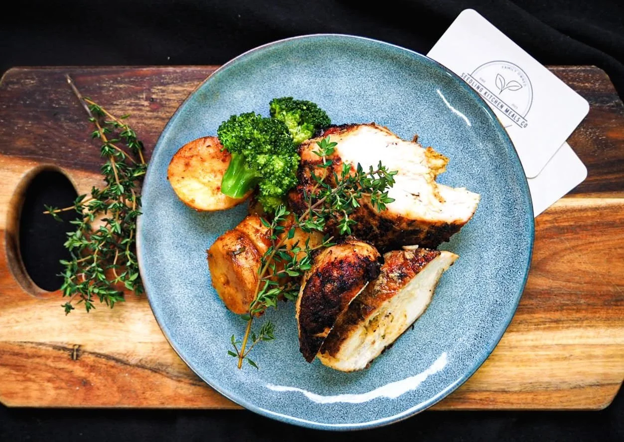 Seared chicken breast, Roasted Potatoes, Blanched Broccoli & Gravy