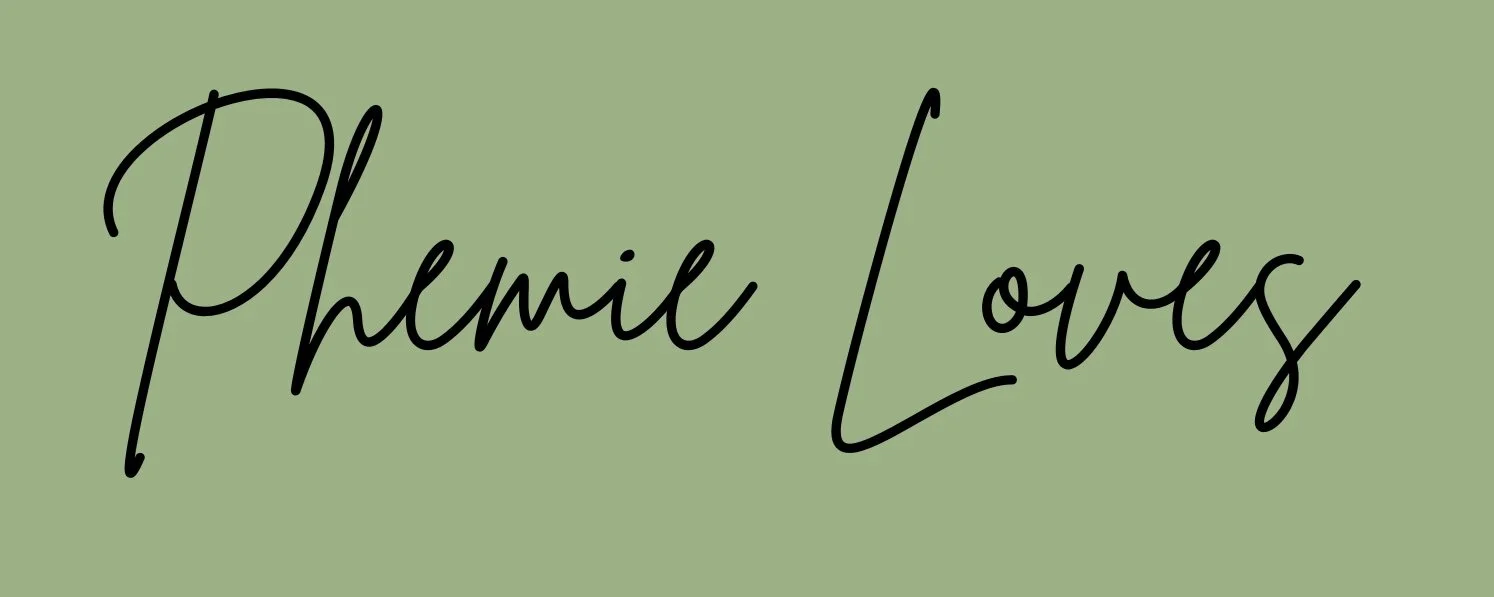 A graphic with the text 'Phemie Loves' written in black cursive font on a green background.