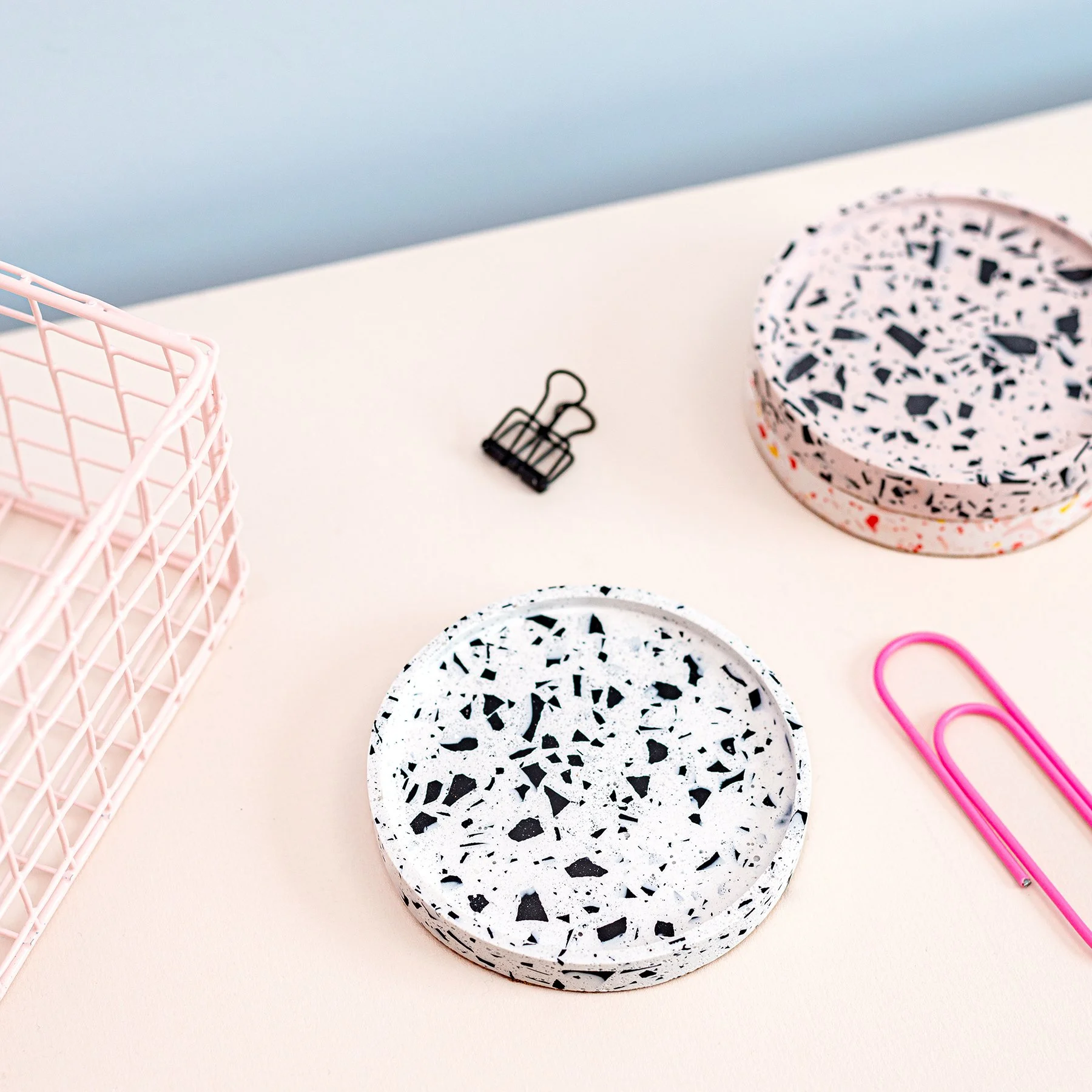 Round Terrazzo Trinket Dish in White + Black