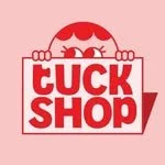 Logo of Tuck Shop in red and white with stylised character holding a sign.