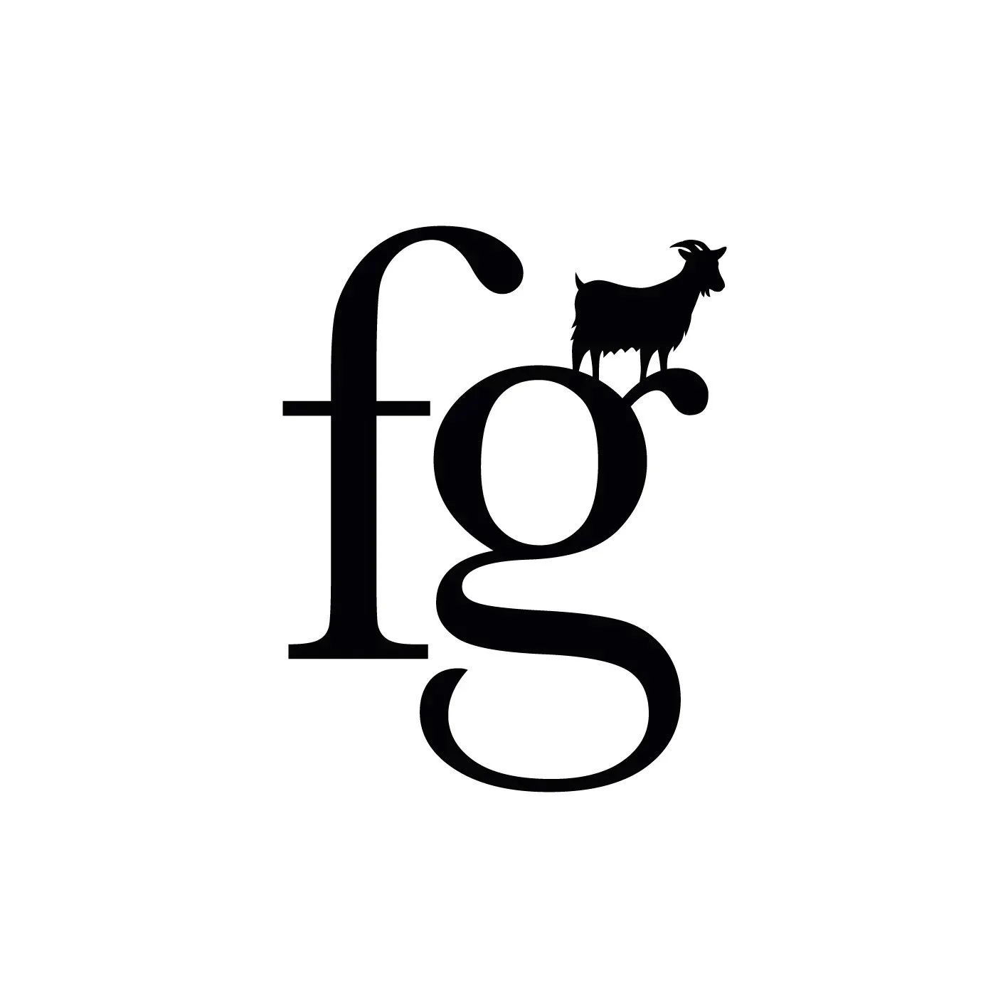 Black silhouette of the letters "f" and "g" with a goat standing on the letter "g" against a white background.