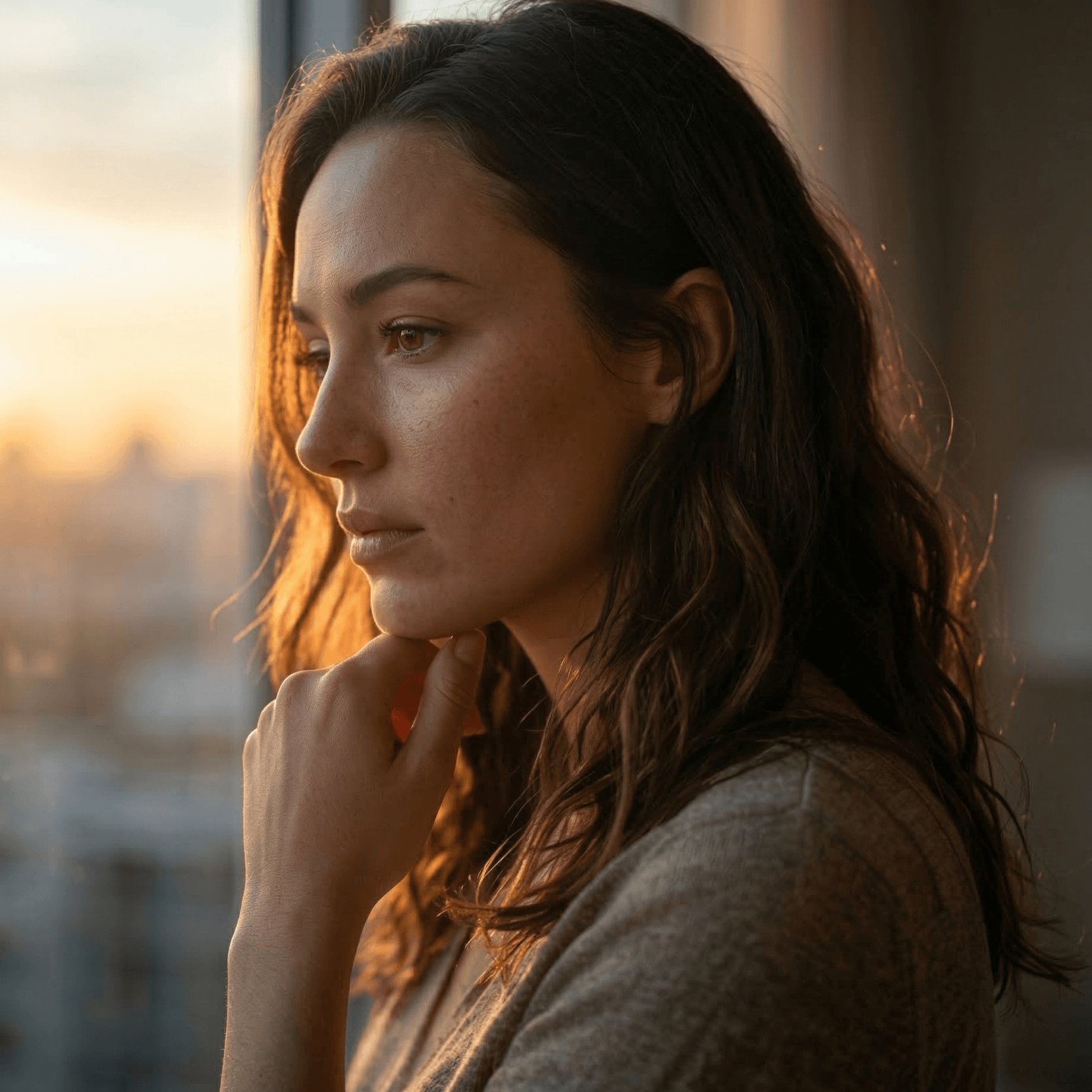Ein Porträt einer Frau mit braunen Haaren, die nachdenklich aussieht, bei Sonnenuntergang.