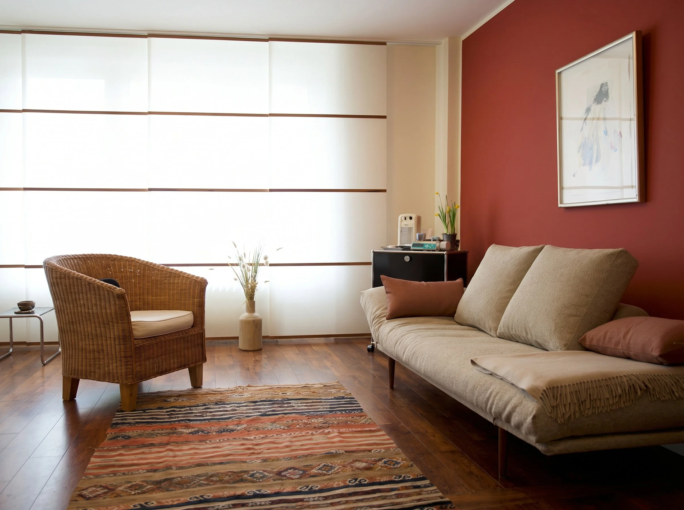 Ein Wohnzimmer mit roten und weißen Wänden, einem Sofa mit Kissen, einem Wicker-Stuhl, einem kleinen Beistelltisch, einem Teppich mit orange- und blautönen, einer Vase mit Blumen, einem Regal mit elektronischen Geräten und einem großen Bild an der Wand.