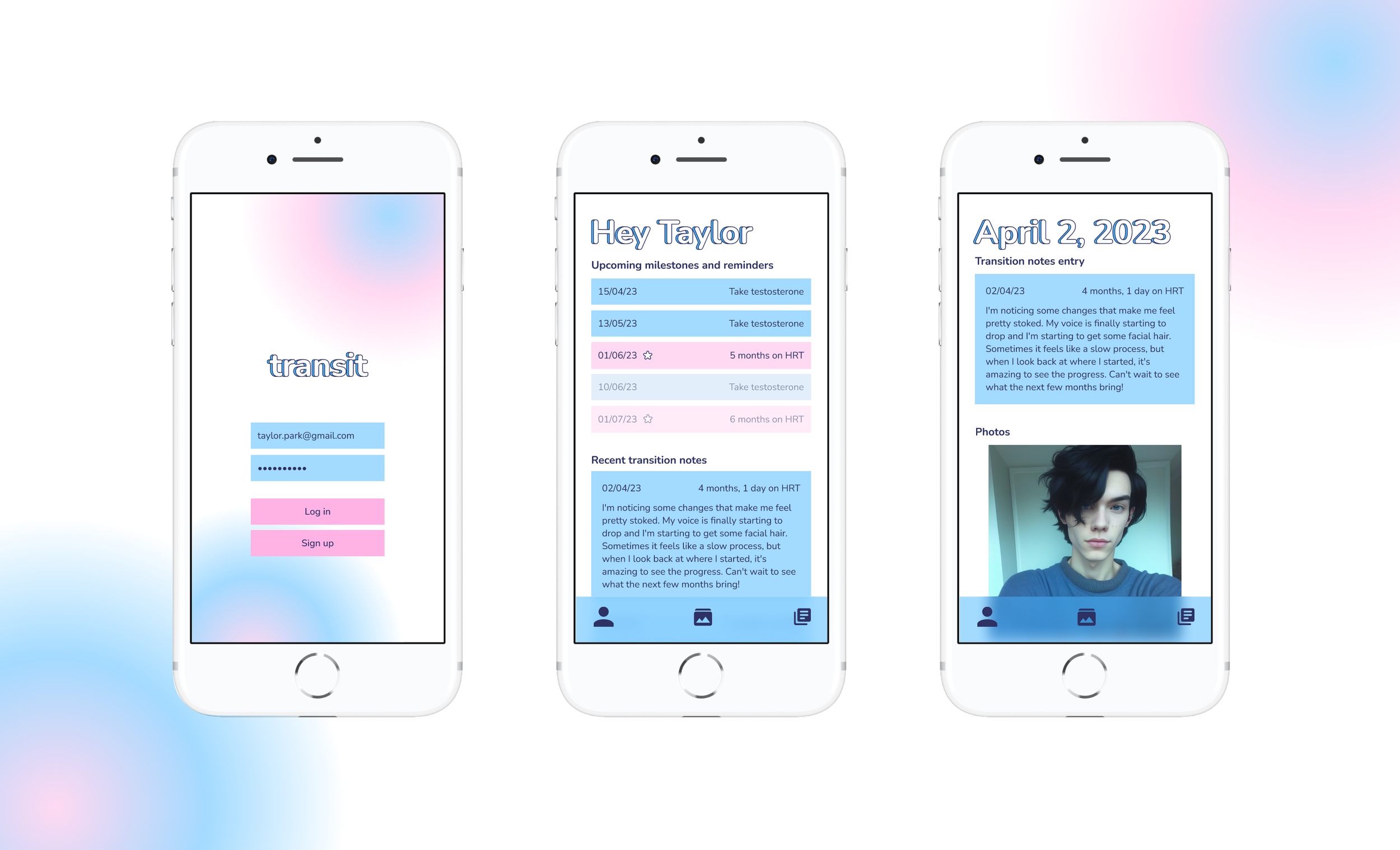 A few screens from the application in the colours of the trans pride flag. These screens are from the first iteration of the application concept.