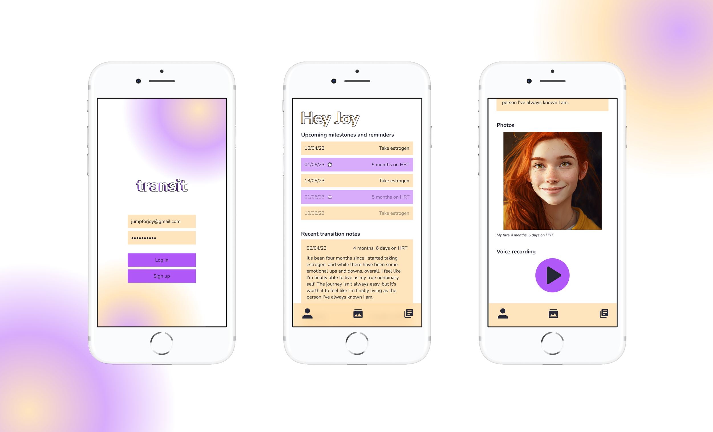 A few screens from the application in the colours of the nonbinary pride flag as an alternate colour way. These screens are from the first iteration of the application concept.
