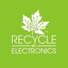 Logo with a stylized leaf and electronic circuit pattern, reading "Recycle My Electronics" on a green background.