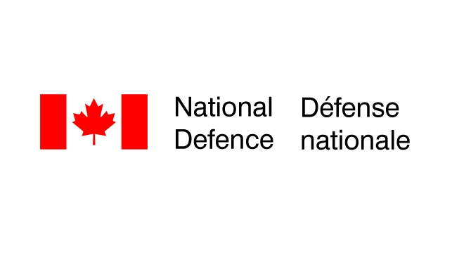 Canadian flag with red maple leaf and bilingual text reading 'National Defence' in English and French.