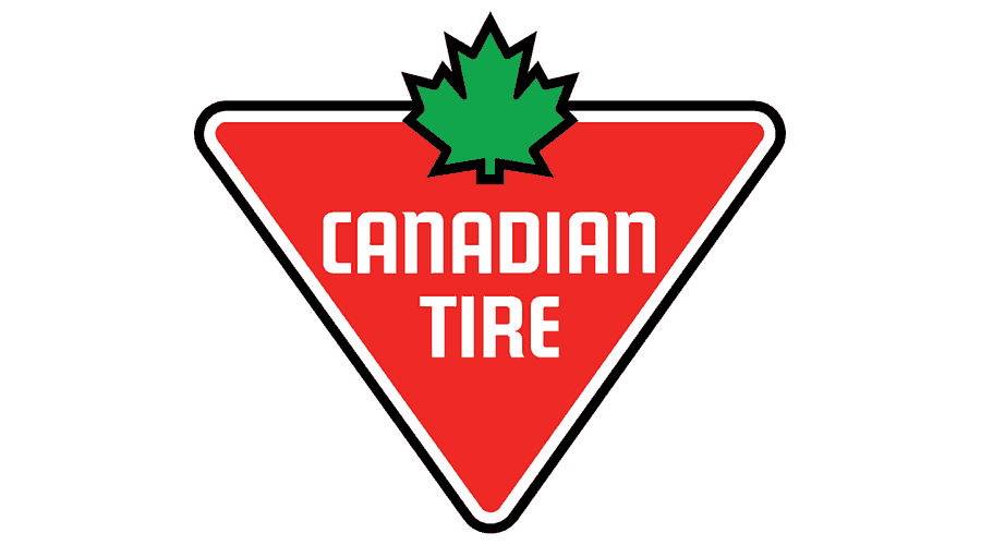 Logo of Canadian Tire featuring a red triangle with a green maple leaf at the top and the text 'Canadian Tire' in white in the center.