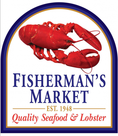 A red lobster illustration above the text 'Fisherman's Market,' established in 1948, with a subtitle 'Quality Seafood & Lobster'.